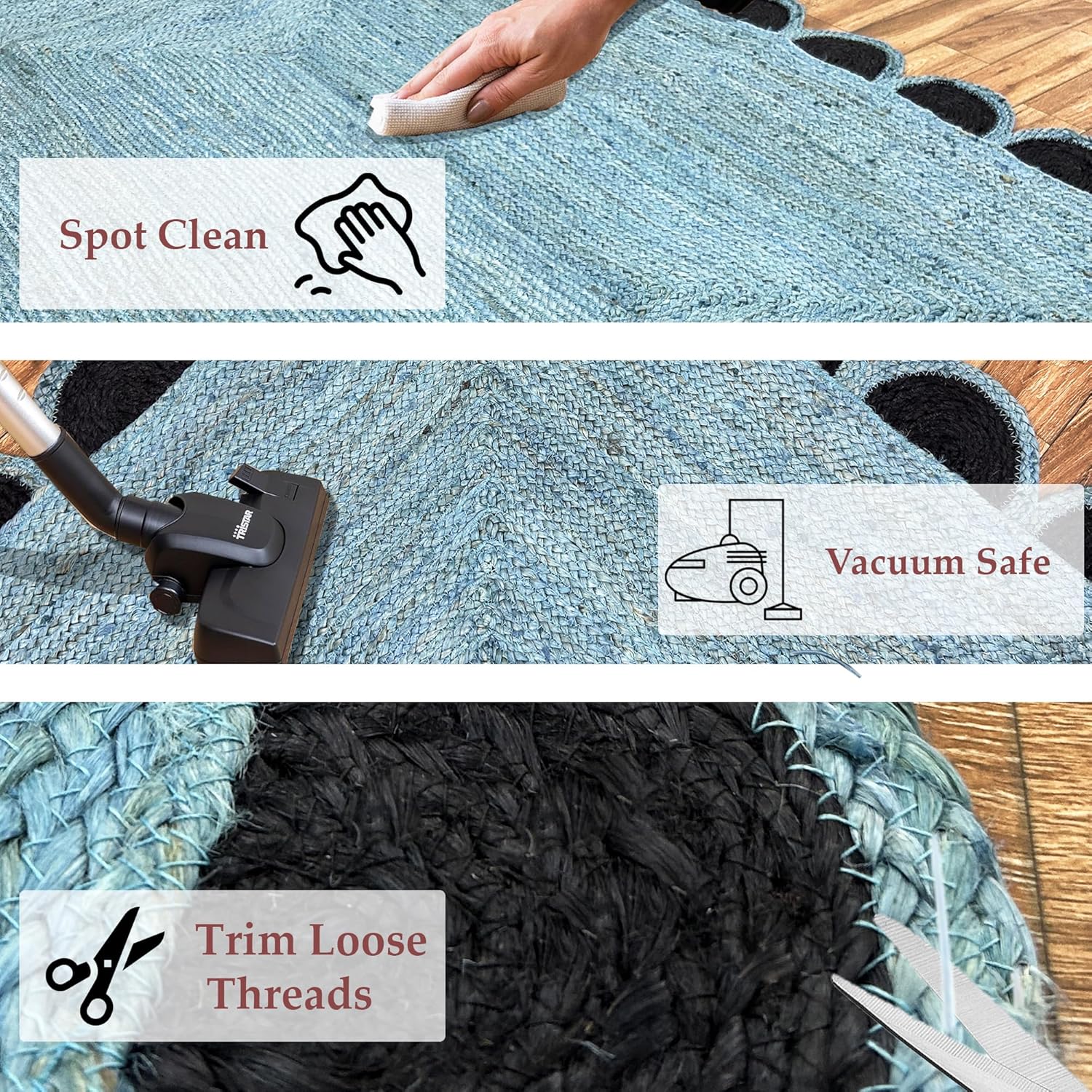 Scalloped Natural Jute Area Rugs 9x12 Handmade Indian Jute Braided Rug Thick 0.27" Scalloped Blue & Black Rugs for Living Room, Dining Area, Farmhouse Design Carpet