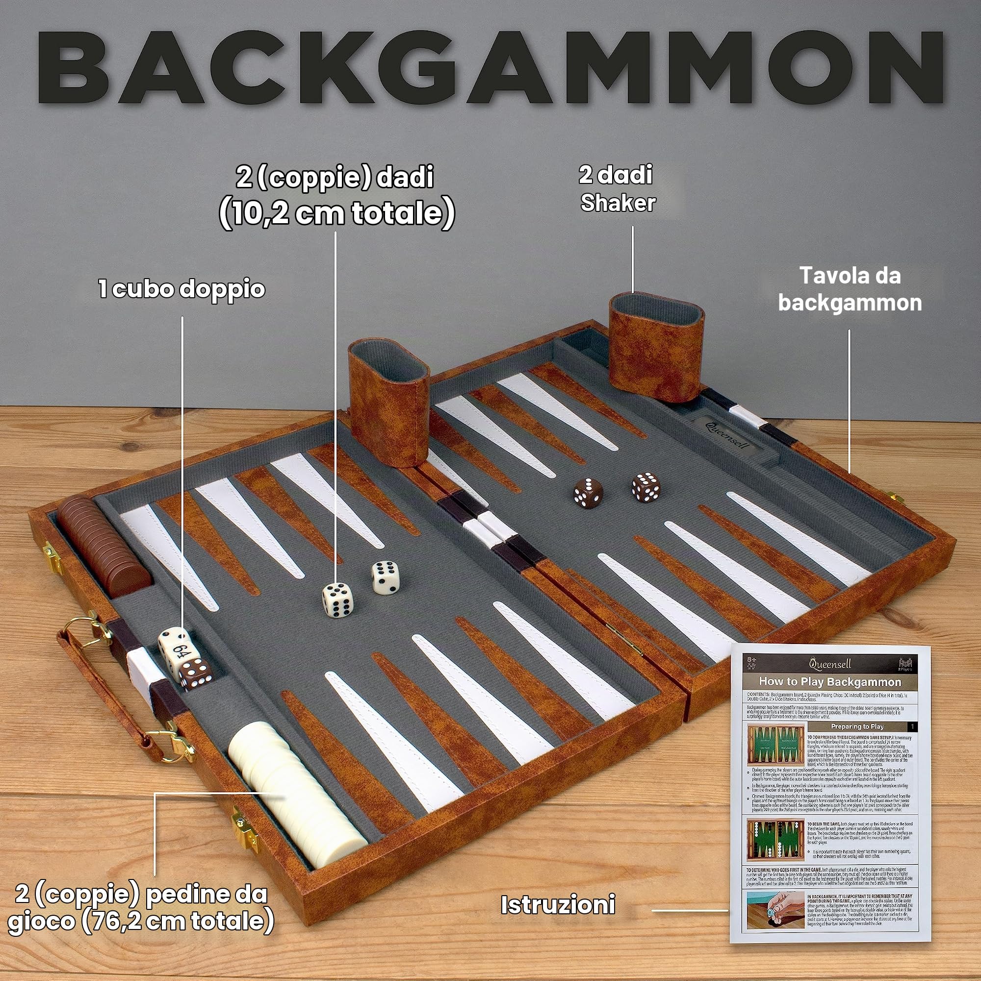 Grande set da backgammon per adulti, giochi da tavolo classici per 2 giocatori, adulti e bambini, set da backgammon di alta qualità con tavola da 38,1 cm e 32 pezzi di backgammon, in custodia in pelle