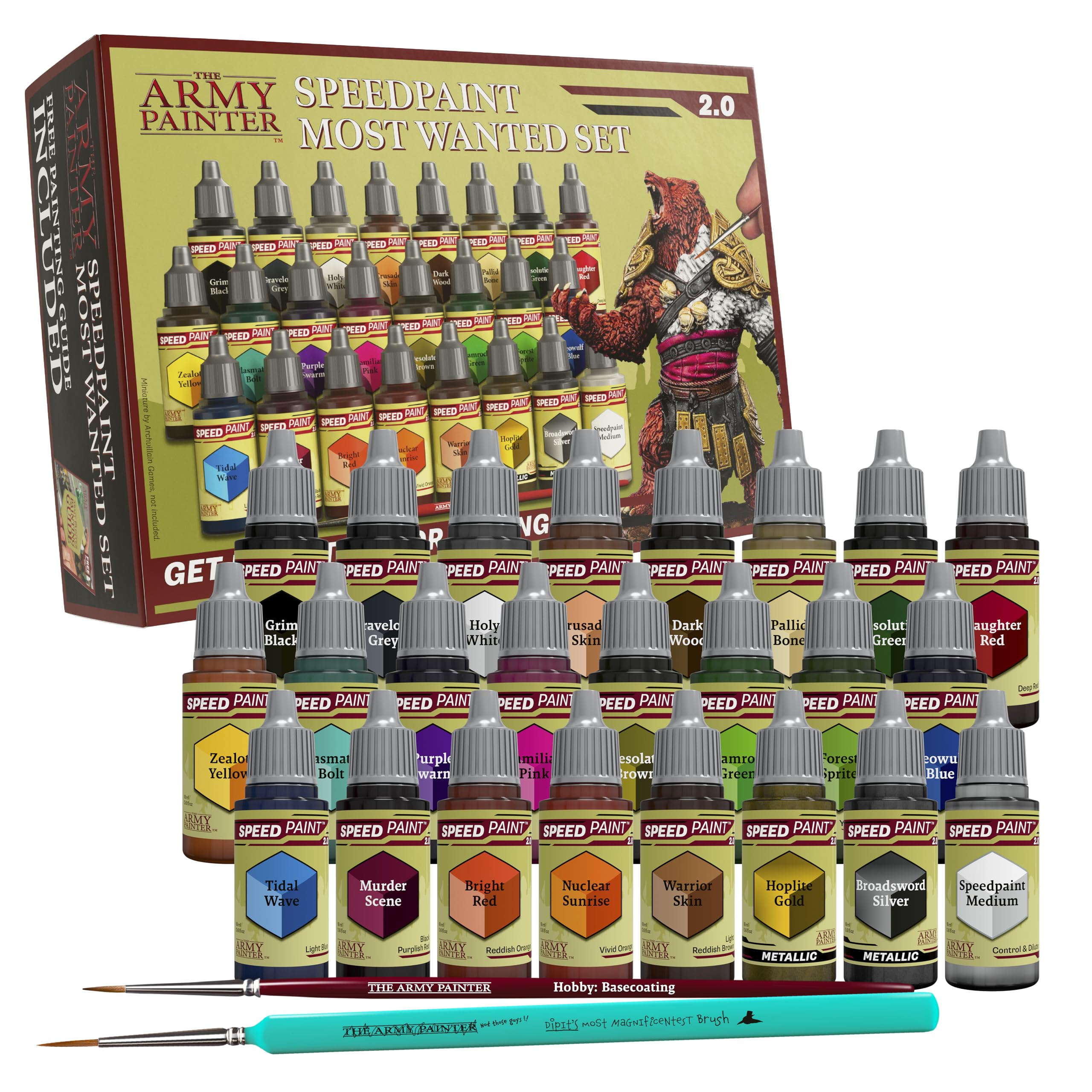 The Army Painter Speedpaint Most Wanted Set 2.0 Combo, Colori Acrilici Set Con 24 Bottiglie Da 18ml Di Gamma Di Colori Dal Speedpaint Starter Set, Incluso 1 Pennello Base E 1 Pennllo Dipit