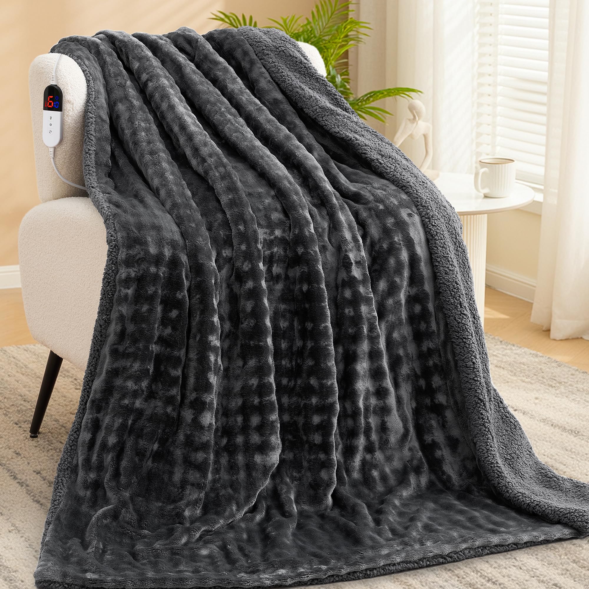 Coperta Elettrica Riscaldante 150x200cm, Motivo a Bolle 3D, Peluche Soft e Sherpa Rinforzato, 6 Livelli di Calore, Timer 1-10H, Coperta Elettrica Doppia per Letto Divano Ufficio, Lavabile, Grigio