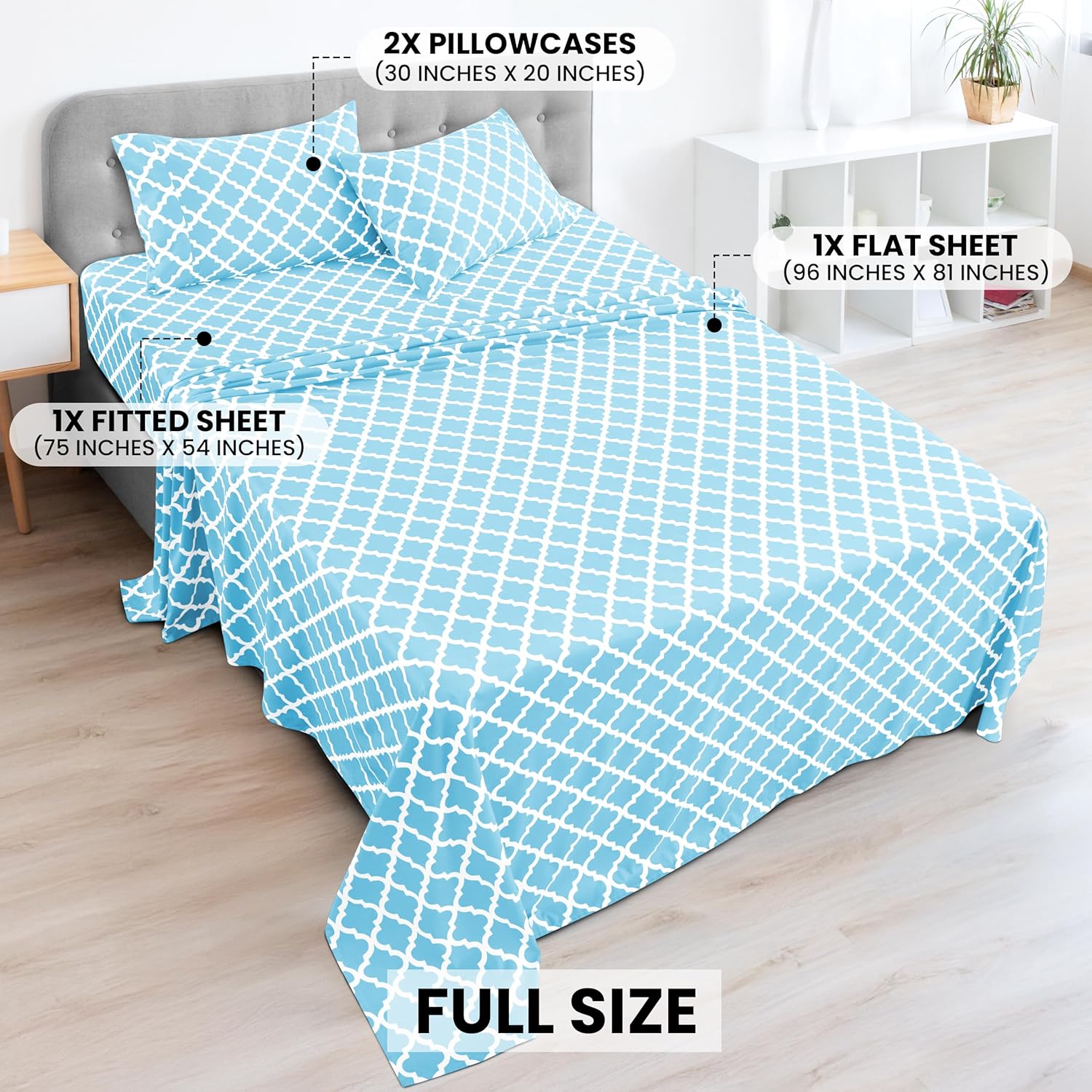 LUX Décor Quatrefoil Full Sheet Set - 4 Piece Ultra-Soft Microfiber Bed Sheets with Flat Sheet, 16 Inches Deep Pocket Fitted Sheet & Pillowcases, Breathable, Bedroom Decor, Oeko-TEX - Blue - Image 3