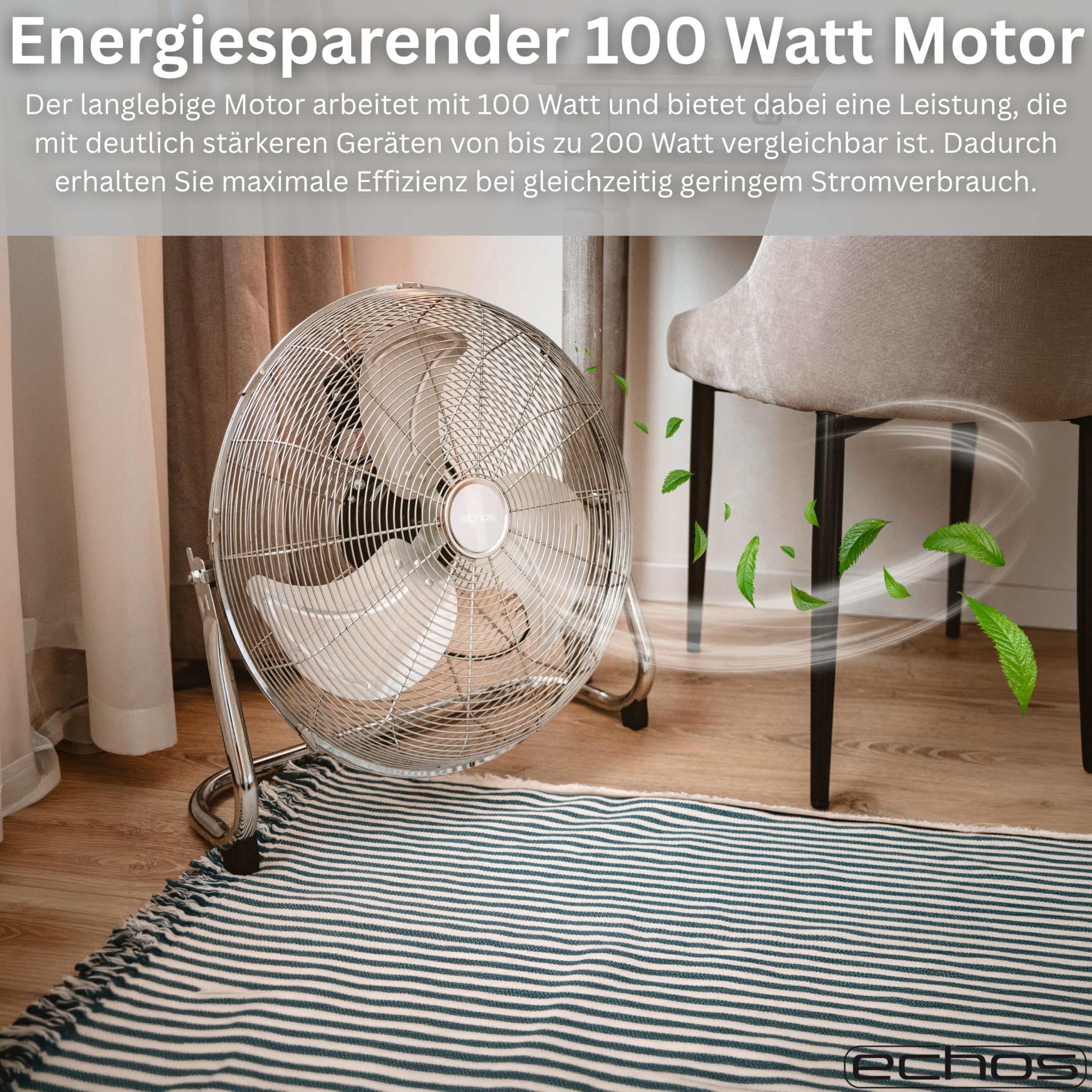 Echos® Bodenventilator Metall 46 cm – 100W Hochleistungs Ventilator leise, 3 Stufen, 90° neigbar, Industrie Ventilator mit starkem Luftstrom 102 m³/min, Standventilator für Werkstatt, Büro & Zuhause