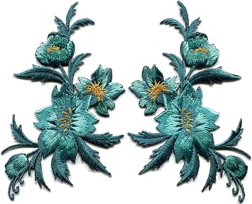 Blue Green Teal Flowers Pair Floral Bouquet Boho Embroidered Appliques Iron-on Patches S-804