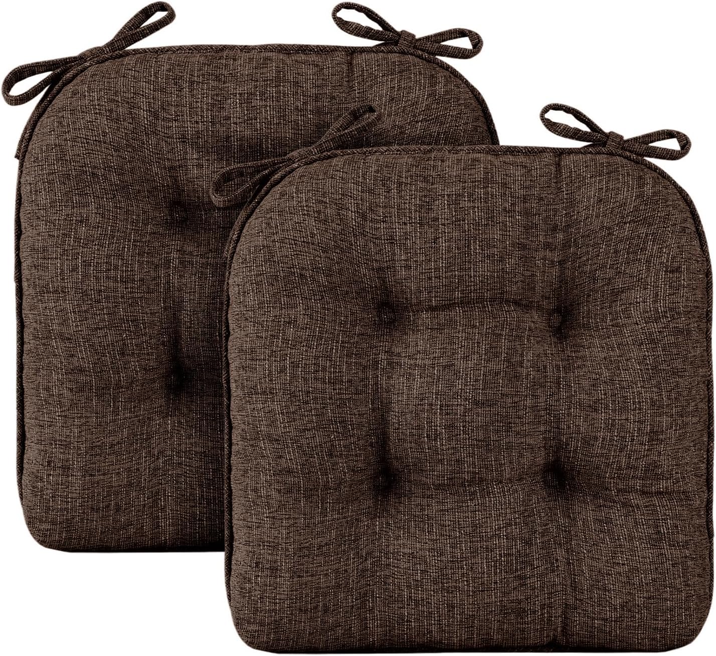 Wellsin Chair Cushions for Dining Chairs, Non-Slip Kitchen Chair Pads with Ties, Tufted Shredded Foam Kitchen Chair Cushions Set of 2, 15.5" X 15.5", Brown