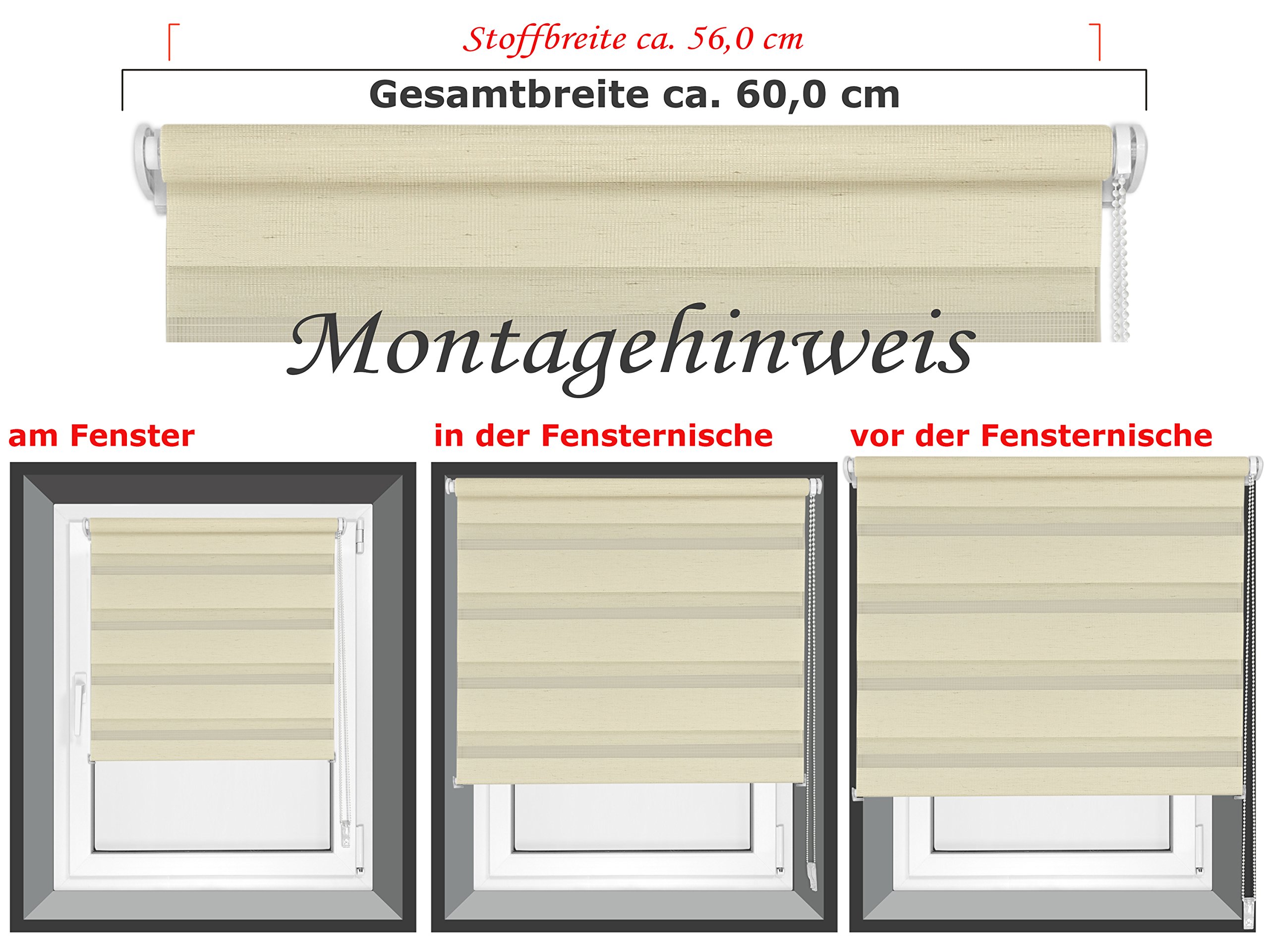 Tenda avvolgibile doppia in 4 colori e in 8 misure – con fissaggio a morsetto sul telaio della finestra e guida di supporto montata saldamente – Tessuto, Lino, ca. 60 x 150 cm