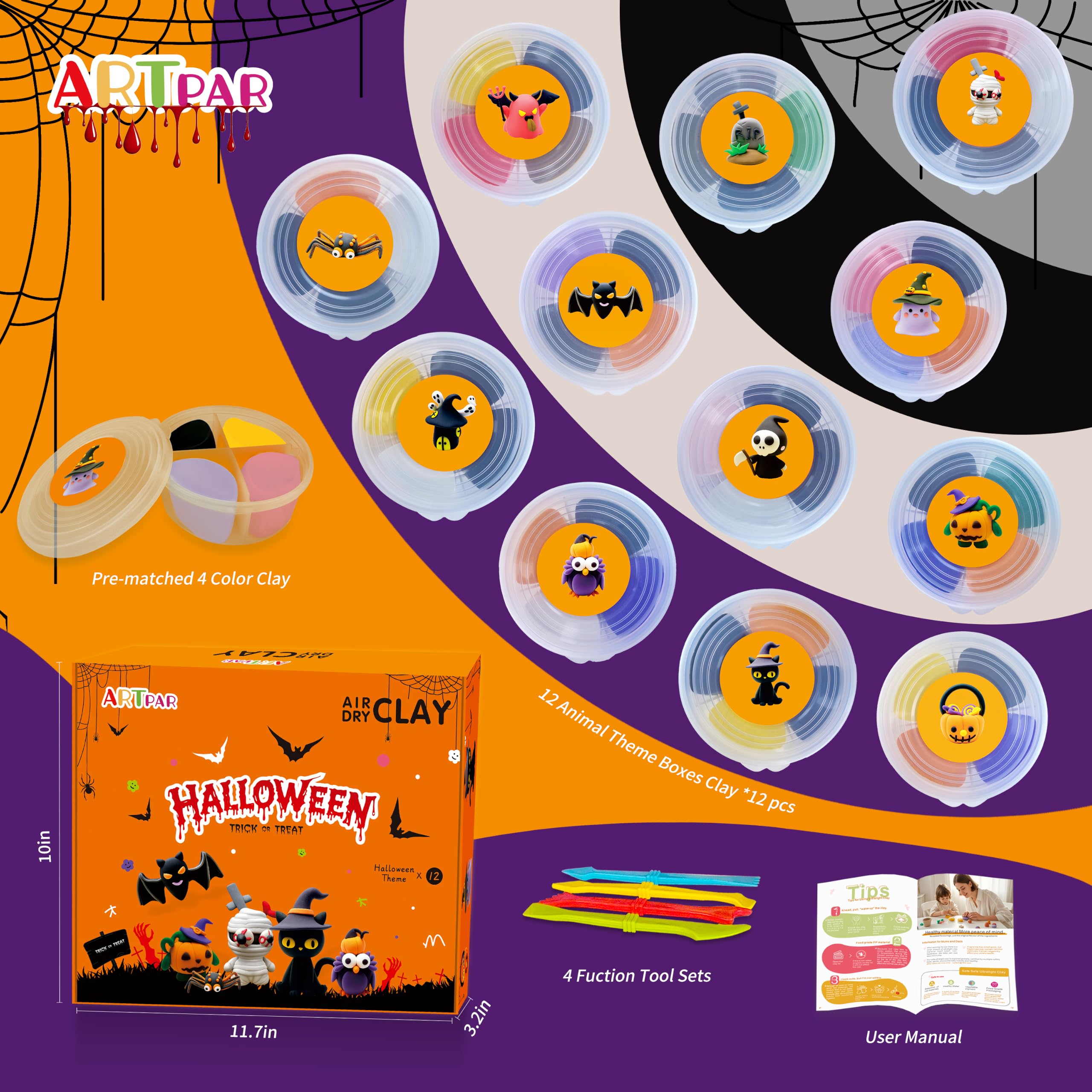 ARTPAR Halloween-Bastelset für Kinder, lufttrocknender Ton, Bastelset, 12 Boxen, Modelliermasse, magischer weicher Ton, Kunst-Modellierbedarf, DIY-Formton-Set, Halloween, Kürbis, Partygeschenke für