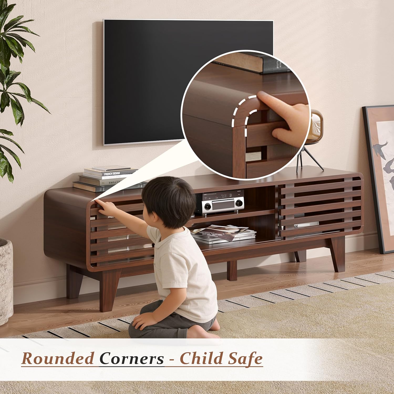 Luoxiao TV Stand for 55/60/65 inch TV Mid Century Modern Entertainment Center with Storage Shelves and Grille Sliding Doors, TV Media Console Television Stands for Living Room, Bedroom, Walnut - Image 4