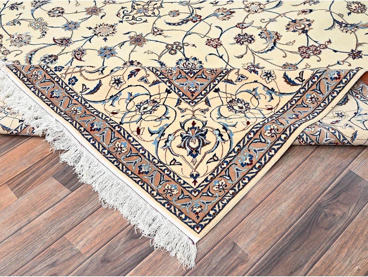 Ivory Nain 400 KPSI Hand Knotted Oriental Rug with Wool and Silk, 8'6"x11'8", Traditional Persian Design with Blue Medallion