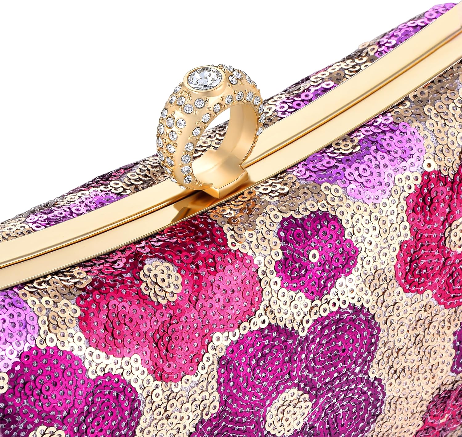 Sequin Clutch Bag for Women, Blue Floral Embroidered Evening Purse with Wooden Base, Top Handle & Removable Chain