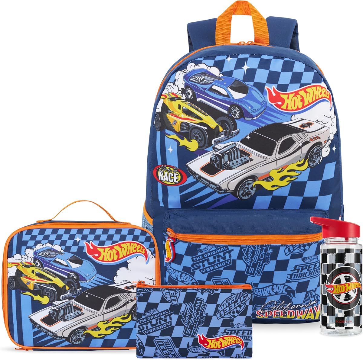 Hot Wheels Boys 4 Pc Backpack Set with 18 inch Bookbag, Lunch Bag, Water Bottle, Pencil Case, Gifts for Boys (Multi Hot Wheels)