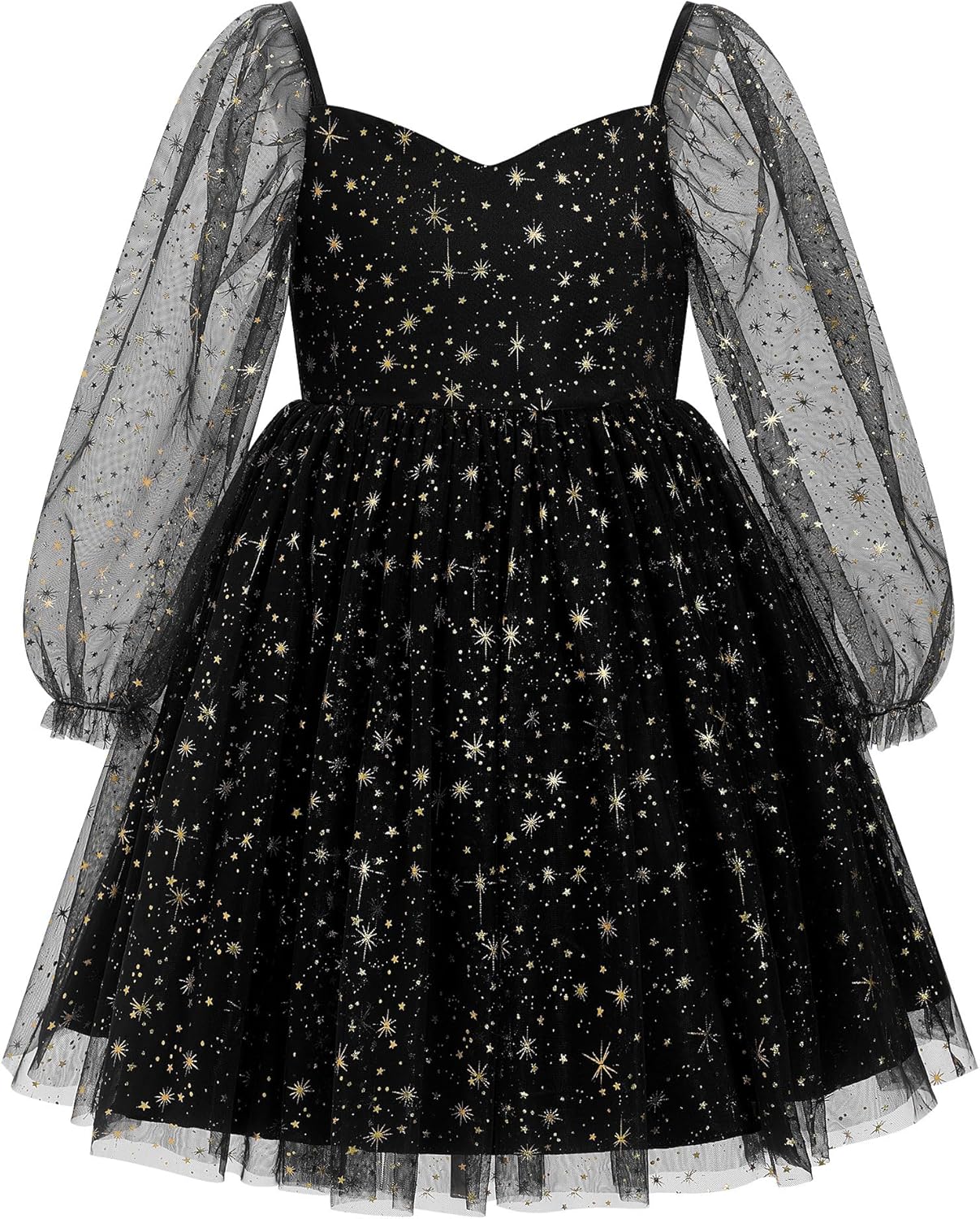 OBEEII Girls Birthday Party Long Sleeve Star Glitters Tulle Tutu Dress Sequins Bowknot Princess Pageant Christmas Dress
