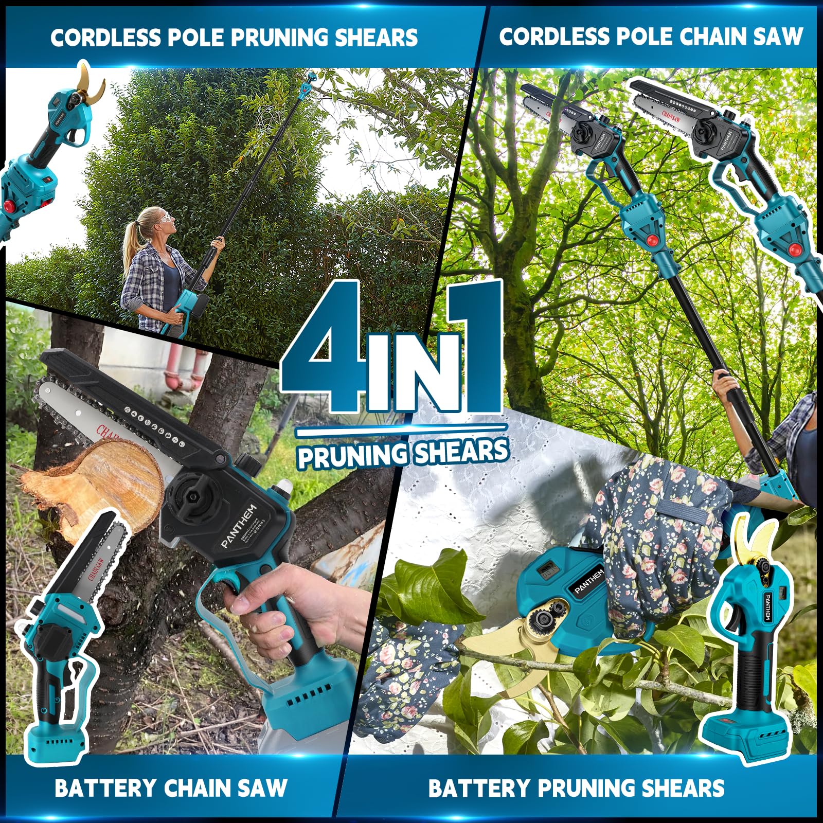 Akku Hochentaster Ast Kettensäge Profi Astsäge kompatibel mit Makita 18V (ohne Akku), 4 IN 1 Mini 6 zoll Akku Kettensäge und Astschere Teleskop Elektro teleskopsäge Arbeitshöhe bis 4,6m
