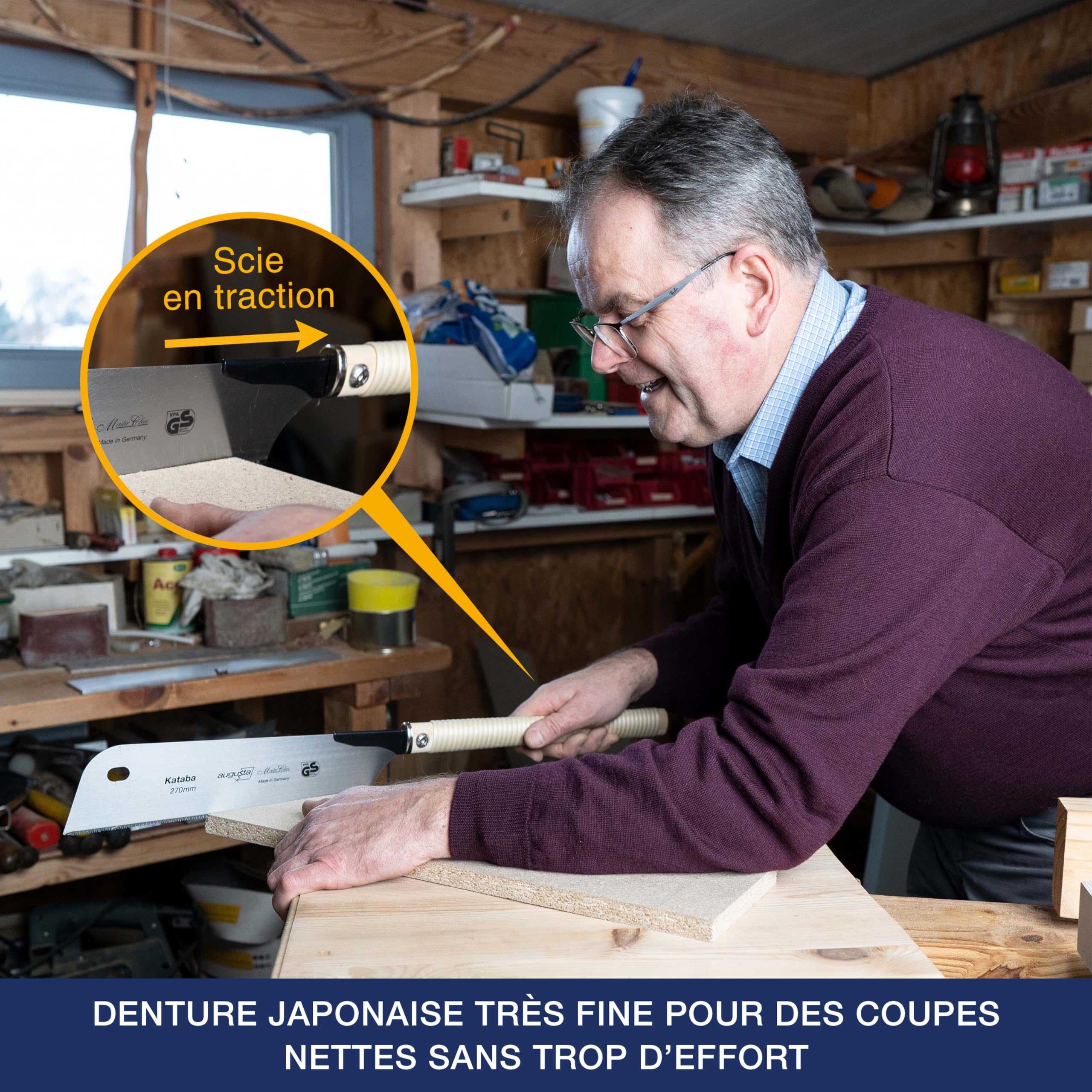 Augusta-Heckenrose scie japonaise Kataba 270 mm I Scie traditionnelle en acier C75 pour coupes fines I Scie à bois avec dos en acier raccourci & poignée en raphia
