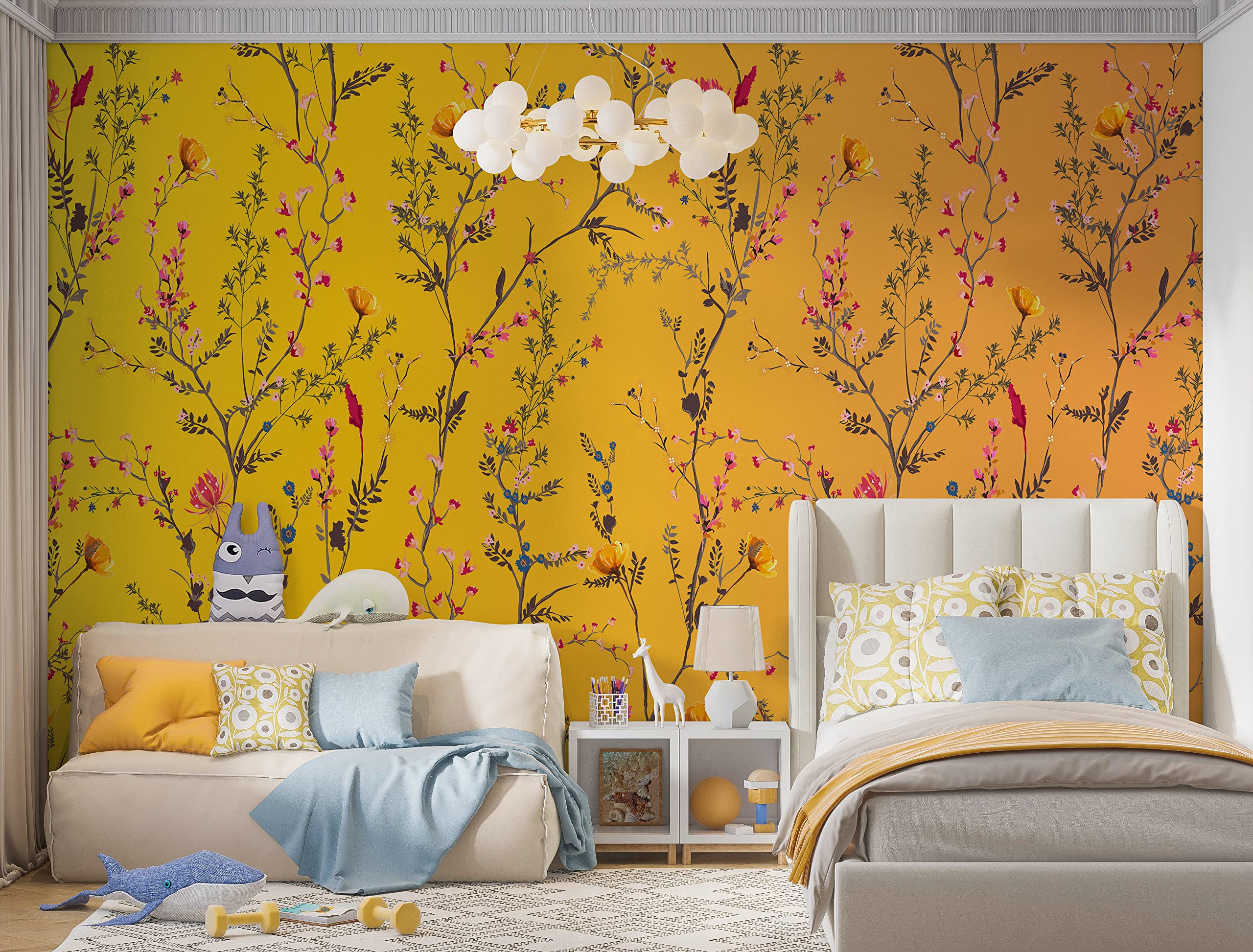 Botanical Flower Garden with Yellow Orange Background Wall Mural. Blossom Flower Decor. Peel and Stick Wallpaper. #6355 (9ft Tall X 16ft Wide)