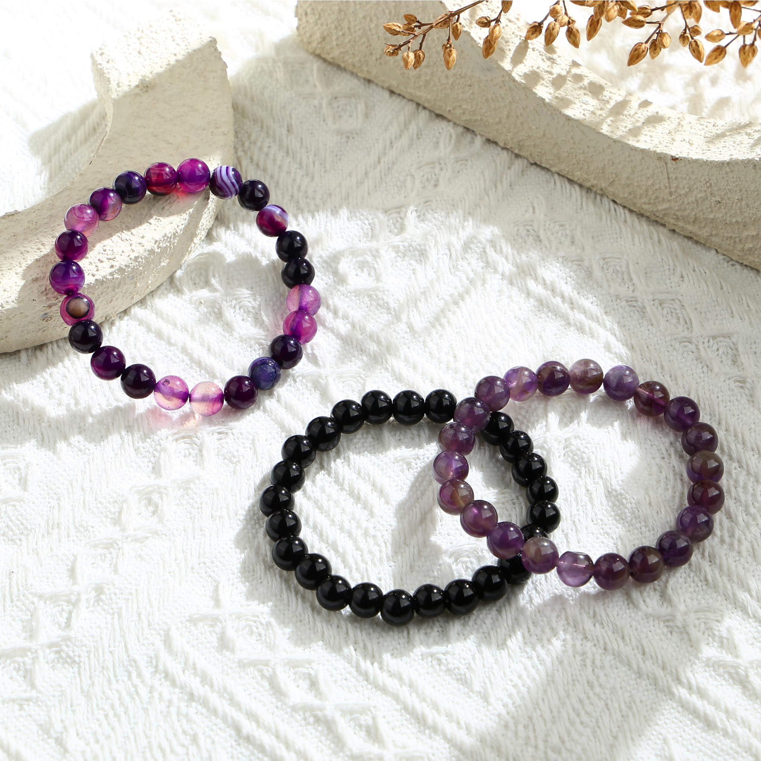 Adramata 3Pcs Bracelet Pierre Naturelle Femme en Pierre Naturelle de 8MM Perle Bracelet Anti Stress Élastique Empilable Pour Femmes Et Hommes Cristal Bracelets pour Femme Cadeau