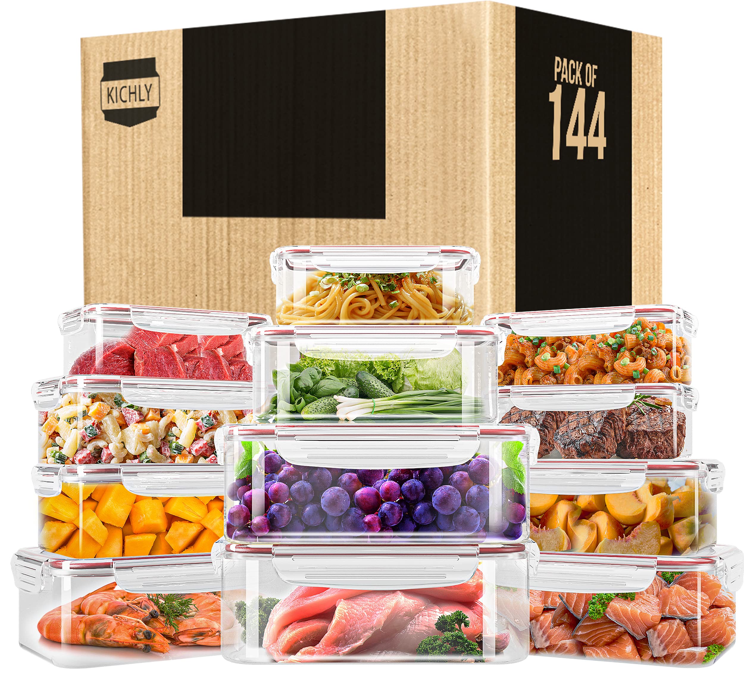 Kichly Red Plastic Airtight Food Storage Containers - Plastic Food Containers With Lids For Kitchen & Pantry, Leakproof (, Pack Of 144)