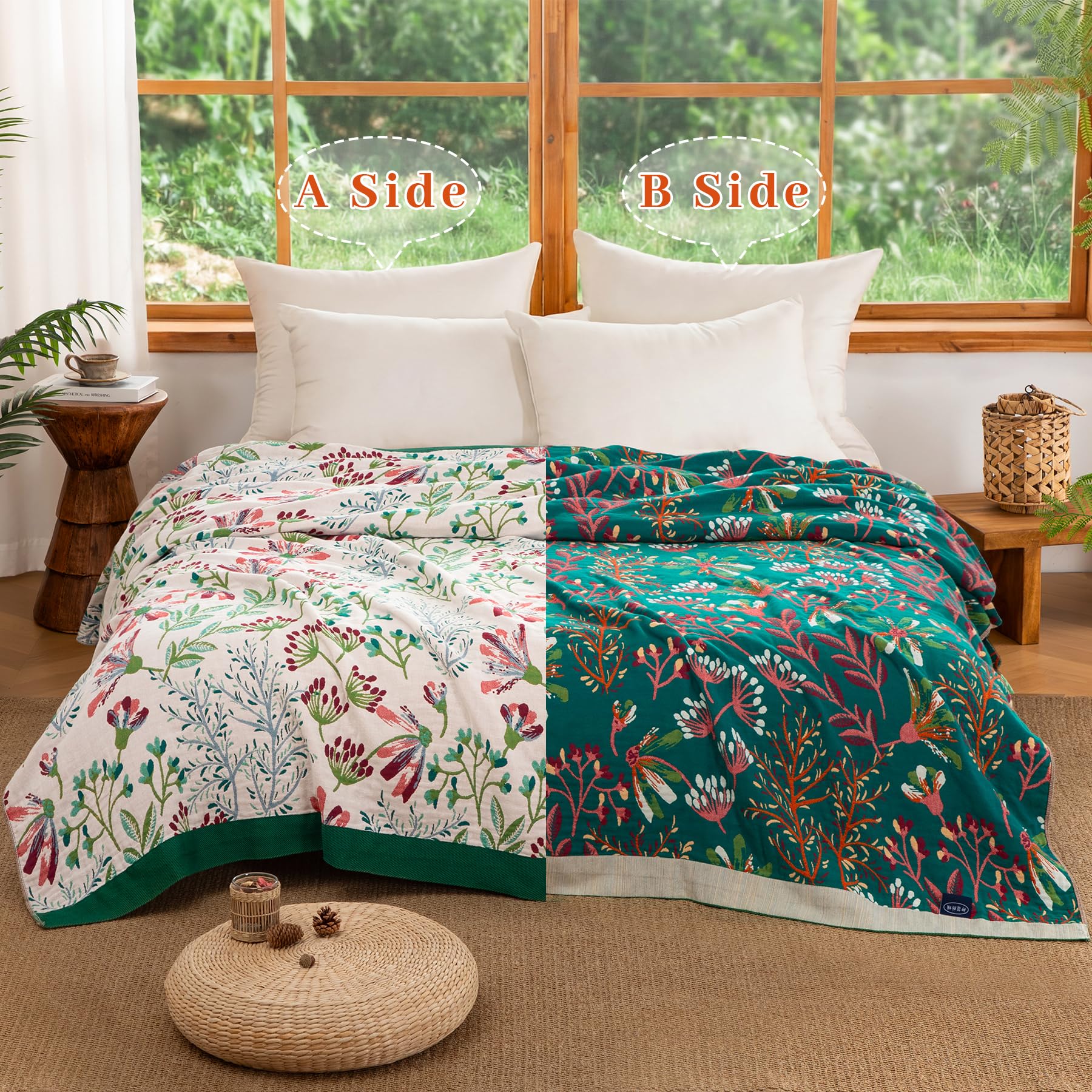 Premium Boho Tagesdecke 200x230cm, 100% Baumwolle Doppelseitige Musselin Decke, Kuschelige Sofadecke & Bettüberwurf, Atmungsaktiv für Wohnzimmer und Schlafzimmer