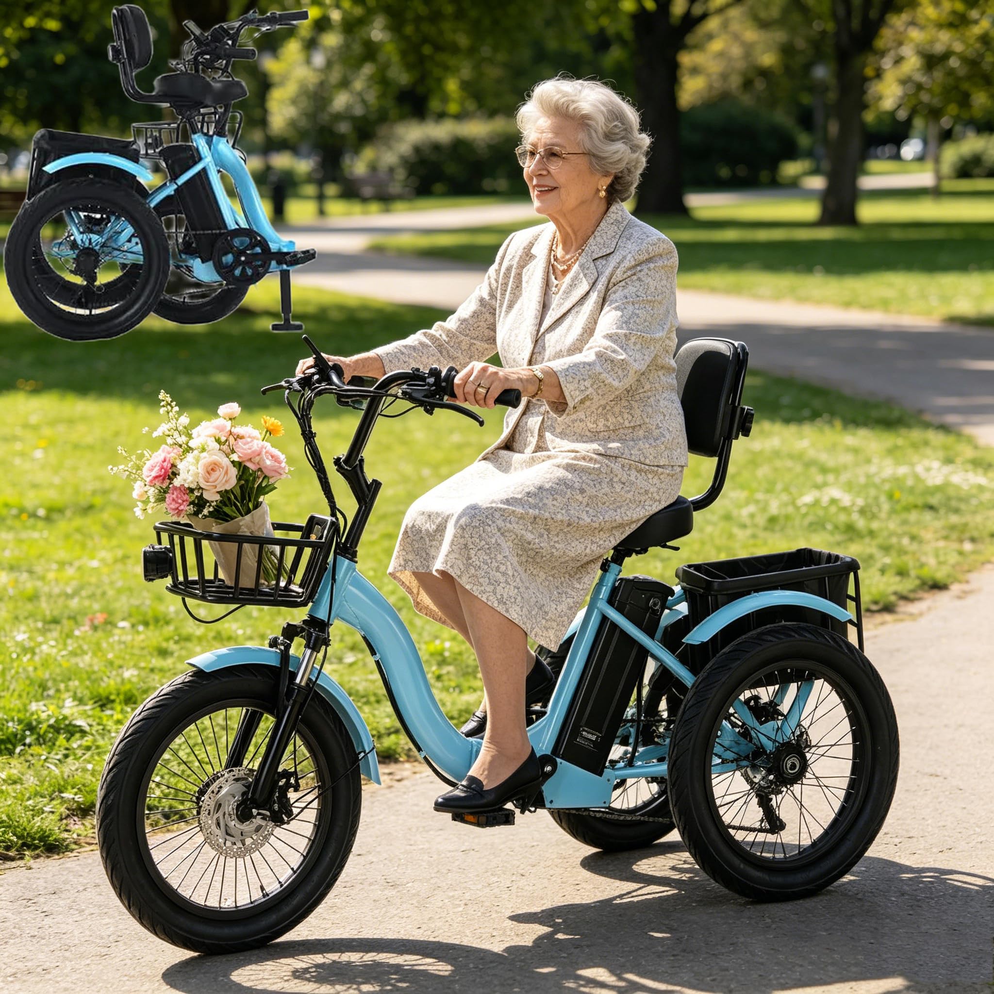 LISTaRSw Adult Electric Tricycle 18-inch Folding Electric Trike with Large Capacity Basket, 18"X3.0"Fat Tire E- Trike, LCD-Display, 48V 13Ah Lithium Battery - 44km Range Blue