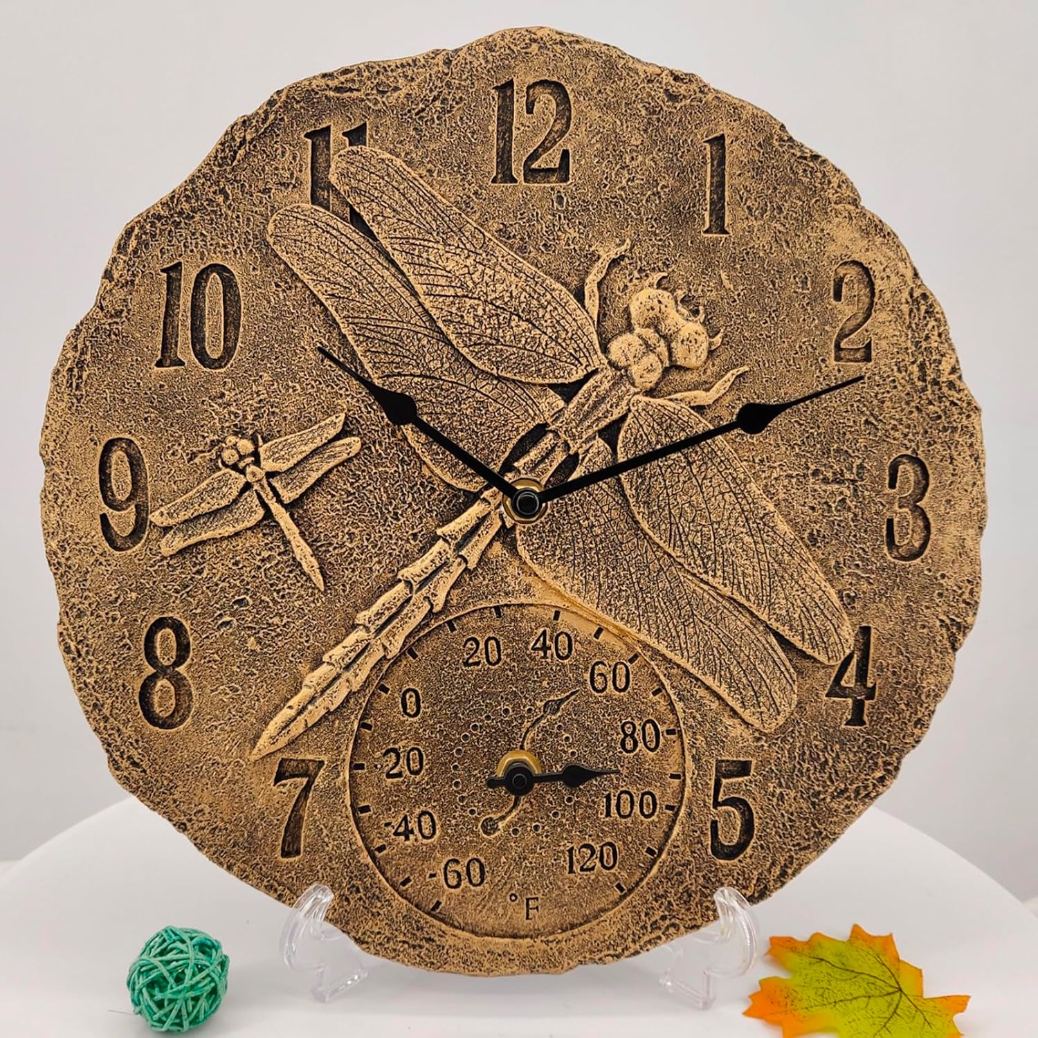 Garden Wall Clock & Thermometer Bronze Effect Dragonfly 12 Inch Large Waterproof Wall Clocks Thermometer Weather Station Retro Resin Ornaments for Indoor Outdoor Patio Pool Wall Decorative