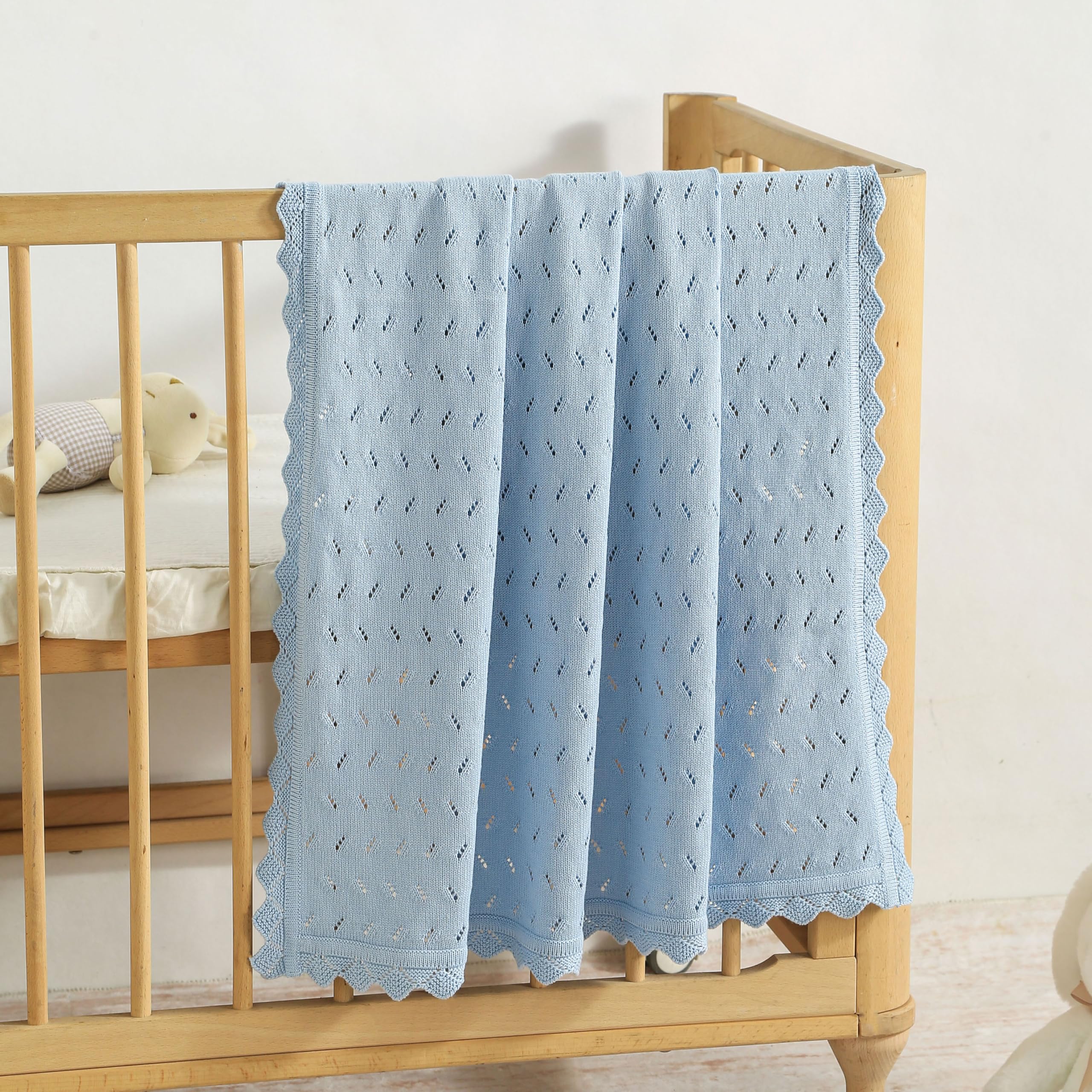 Loyfoky Baby Blanket Cellular 100% Cotton Breathable Cot & Pram Blanket for Newborns Boy Girl,Swaddle,Nursery 100x80cm Blue - Image 3