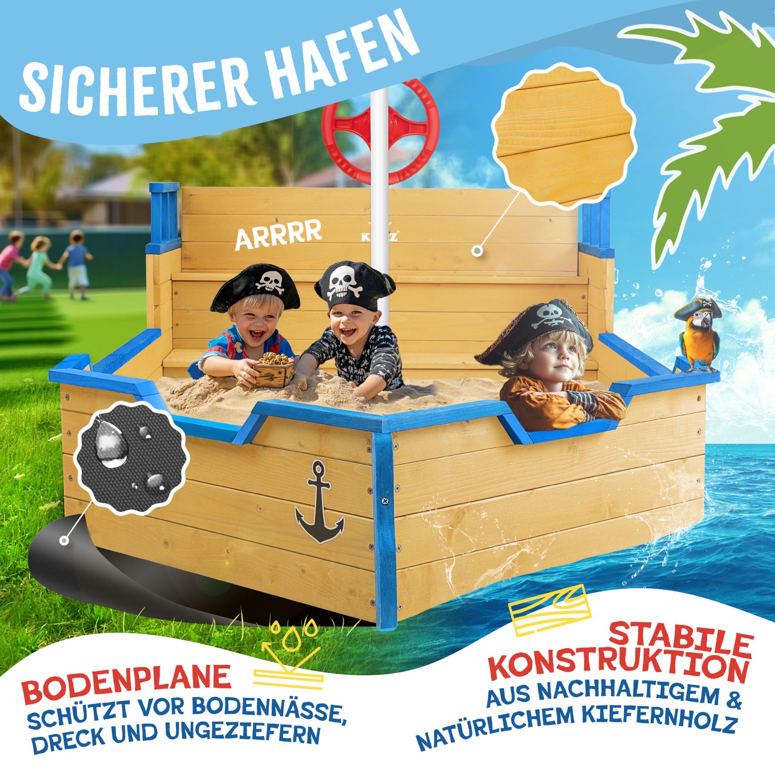 KIDIZ® Sabbiera per bambini Ahoy - nave pirata - barca giocattolo - barca a vela in legno - incl. copertura protettiva, blu