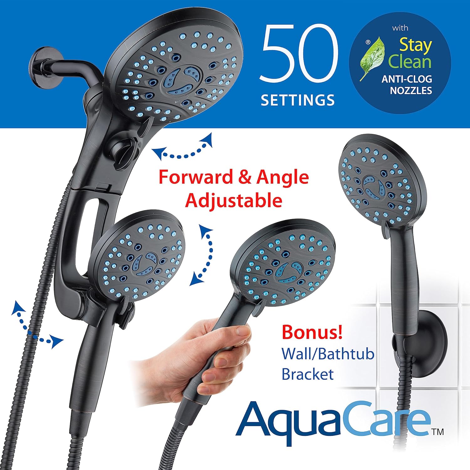 Hotel Spa AquaCare As-Seen-On-TV High Pressure Handheld/Rain 50-mode 3-way Shower Head Combo with Adjustable Arm - Anti-clog Nozzles, Tub & Pet Power Wash, 6 ft. Hose, Rubbed Bronze Finish