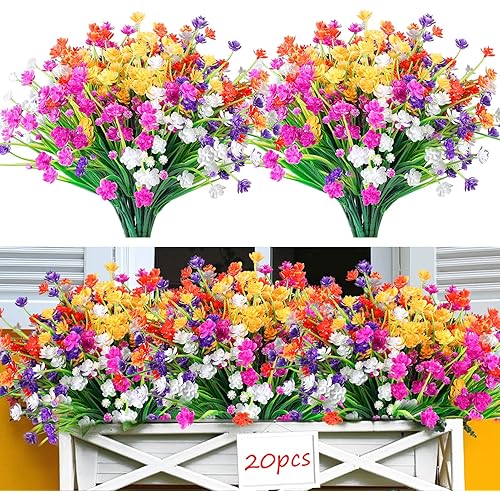 20 Bundles Artificial Flowers for Outdoors Decoration Uv Resistant Faux Plastic Fake Flowers Planter for Indoor Outside Garden Home Wedding Farmhouse Decor(Mix Colors)