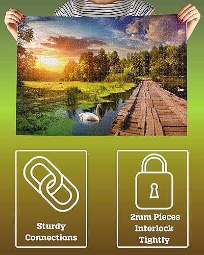 Miniatura 8 de Rompecabezas de 1000 piezas para adultos, lago Golden Hour con puente de madera y cisnes, caja lista para regalo, letras en la parte posterior, 8