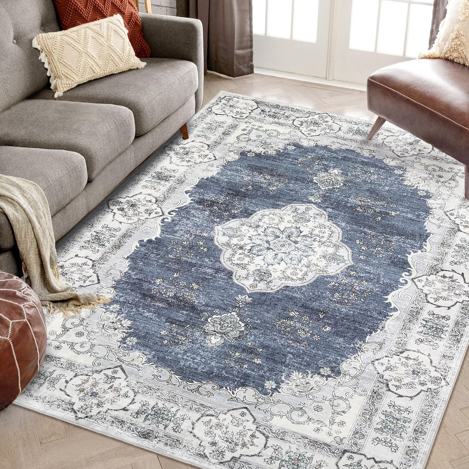 9x12 Rugs for Living Room Boho Farmhouse Area Rug Machine Washable Rug Non-Slip Large Rug Low Pile Soft Rug Ultra Thin Accent Rug for Bedroom Dining Room, Blue 9'x12' Blue