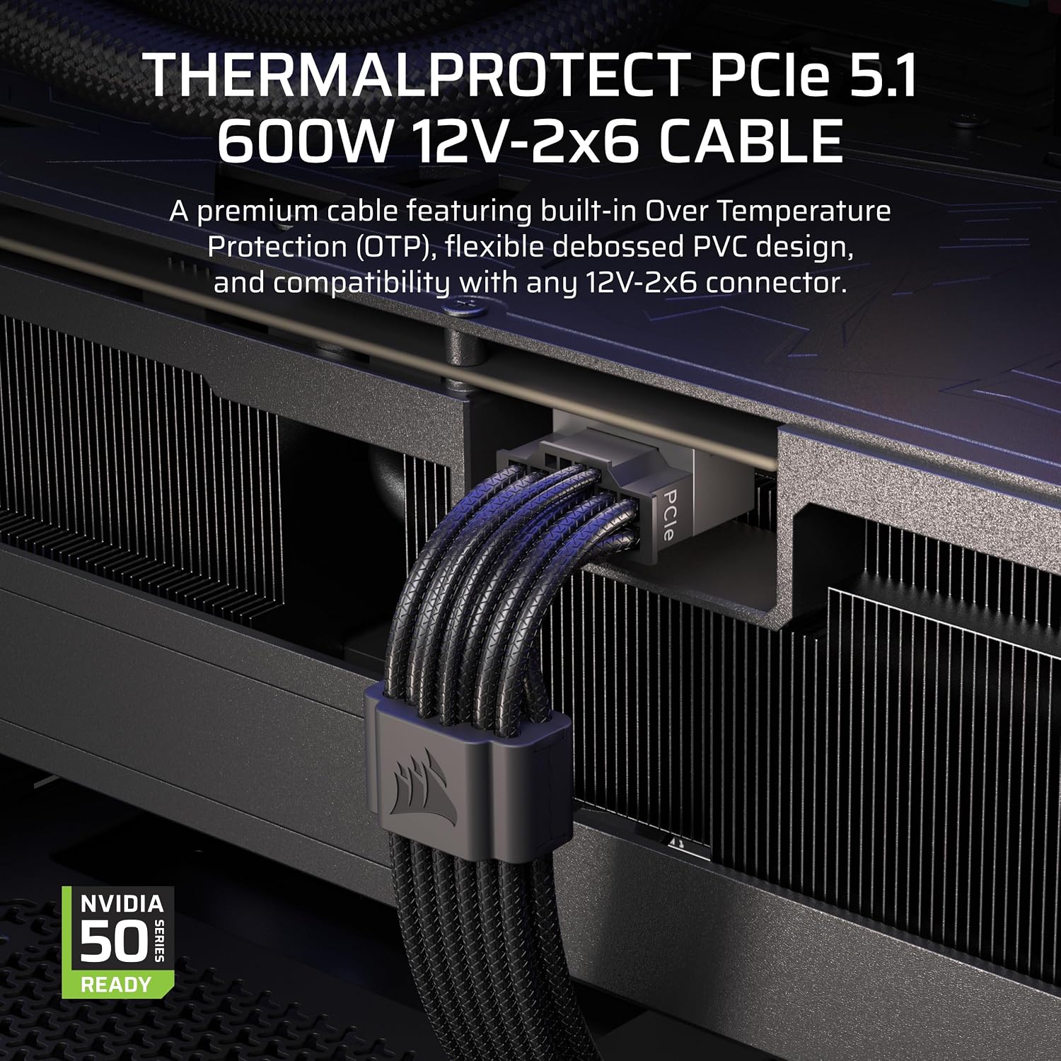Corsair ThermalProtect PCIe 5.1 600W 12V-2x6 Cable – Built-in Over Temperature Protection (OTP), Compatible with PSU's with a 12V-2x6 Connection – Black