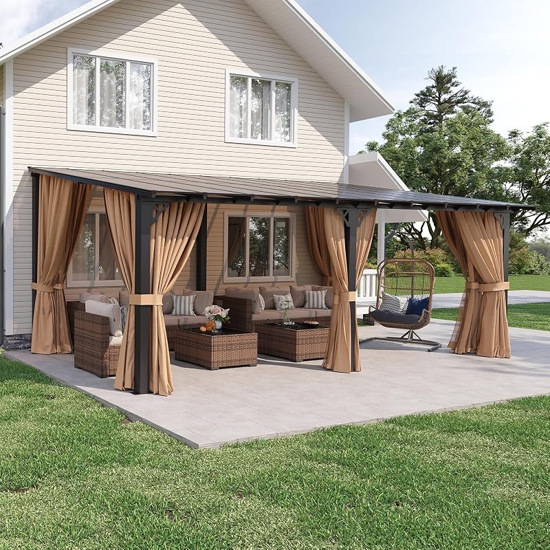 Aoxun Gazebo inclinado de 20'x10', pérgola con mosquitero y cortinas, marrón | Gazebo con marco de aluminio resistente para patio, panel de policarbonato, pérgola montada en la pared con techo inclinado para patio trasero, cubierta
