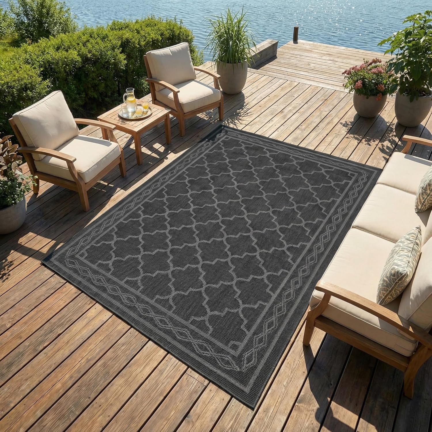GarveeHome 8x10 Outdoor Rug for Patio Reversible Camping Carpet Waterproof Plastic Straw Rug,Foldable Area Rugs Mats for RV, Picnic, Backyard, Deck, Balcony, Porch, Beach, Black/Grey