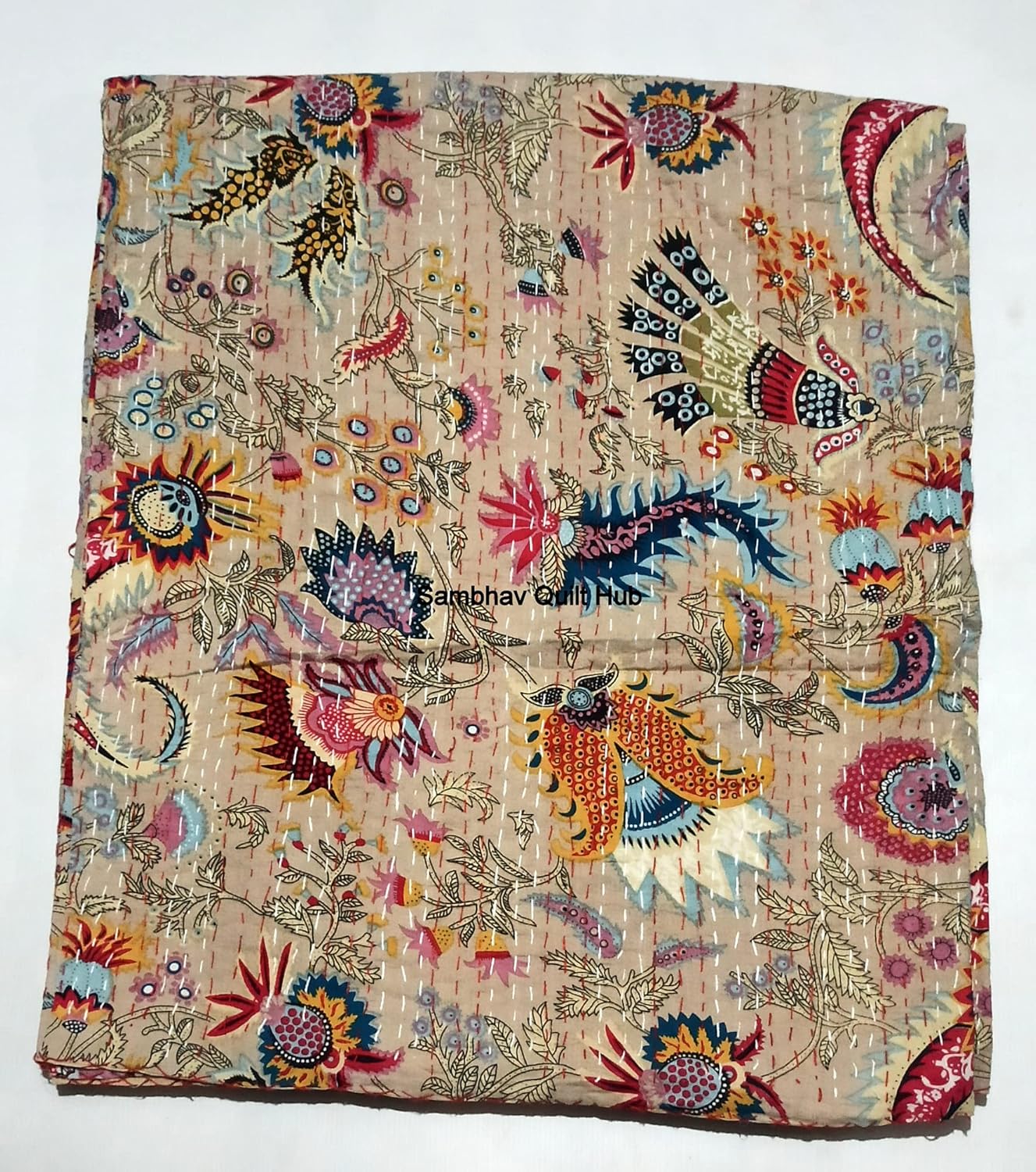 Twin/Queen/King Floral Multicolor Handmade Crown Mukut Print Kantha Quilt Kantha Blanket Bed Cover King Kantha Bedspread Bohemian Bedding Cotton Kantha (Beige, Twin 60X90 inch)