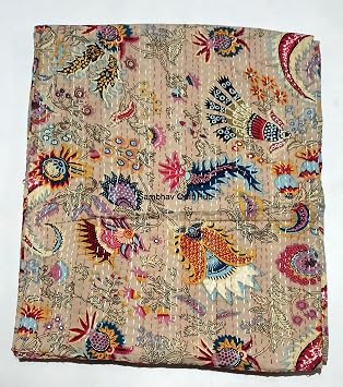 Twin/Queen/King Floral Multicolor Handmade Crown Mukut Print Kantha Quilt Kantha Blanket Bed Cover King Kantha Bedspread Bohemian Bedding Cotton Kantha Beige, Twin 60X90 inch