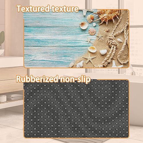Miniatura 4 de Mogifedc Tapete de madera azul para puerta delantera, conchas y arena para interiores, antideslizante, impermeable, tapete de cocina e interior