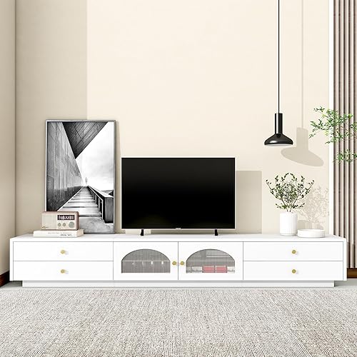Miniatura 3 de LUMISOL Soporte de TV moderno para TV de 90 pulgadas, consola de TV larga acanalada con puertas y cajones de cristal, gabinete multimedia con amplio