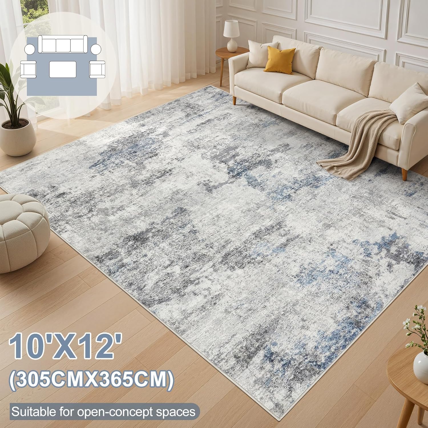 dmoyest living room area rugs - 10x12 washable abstract large soft indoor rug neutral modern low pile carpet for bedroom dining room farmhouse home office - grey blue grey blue 10' x 12' (rectangular)