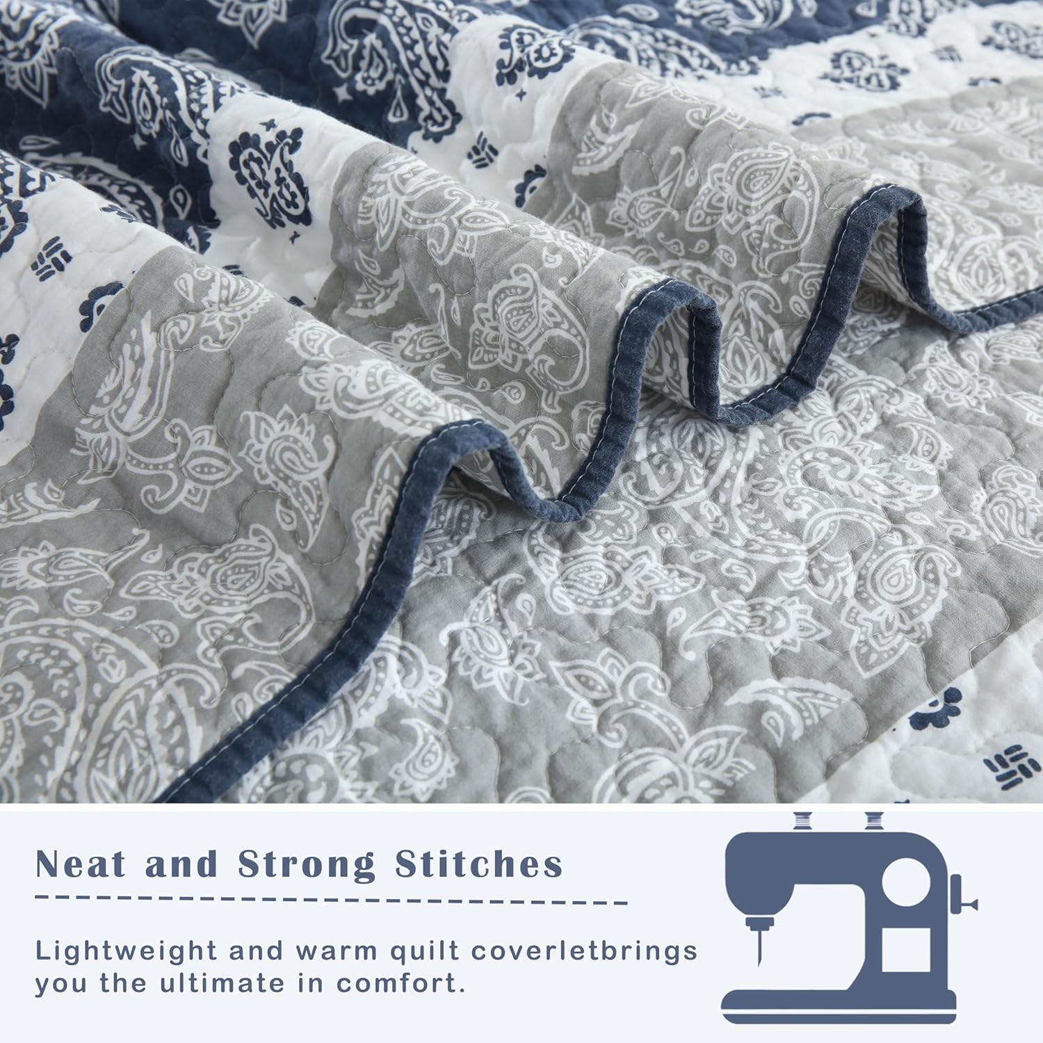 Quilt King Size, Cotton Comforter King Size,Navy Grey White Bedding Set, Farmhouse Striped Bedspread, Luxury Bed Set Bedroom for All Seasons 3 Piece - Image 7