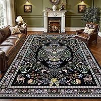 ExpediX 8x10 Black Vintage Floral Washable Area Rug - Non-Slip Soft Low-Pile for Living Room Bedroom Kids Nursery