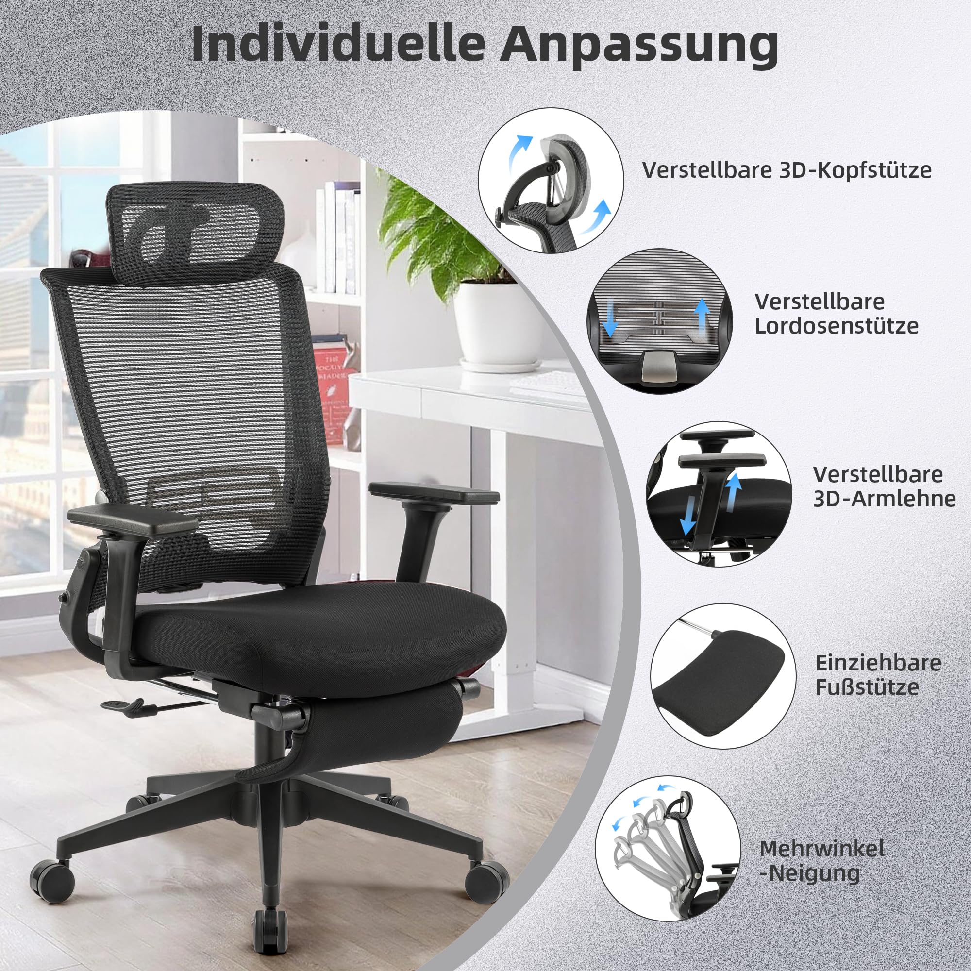 Klappbar Bürostuhl mit Fußstütze, Ergonomisch Schreibtischstuhl mit Lendenwirbelstütze, Kopfstütze, Chefsessel Mesh Stuhl 150 kg für platzsparendes Arbeiten von zu Hause aus, Schwarz