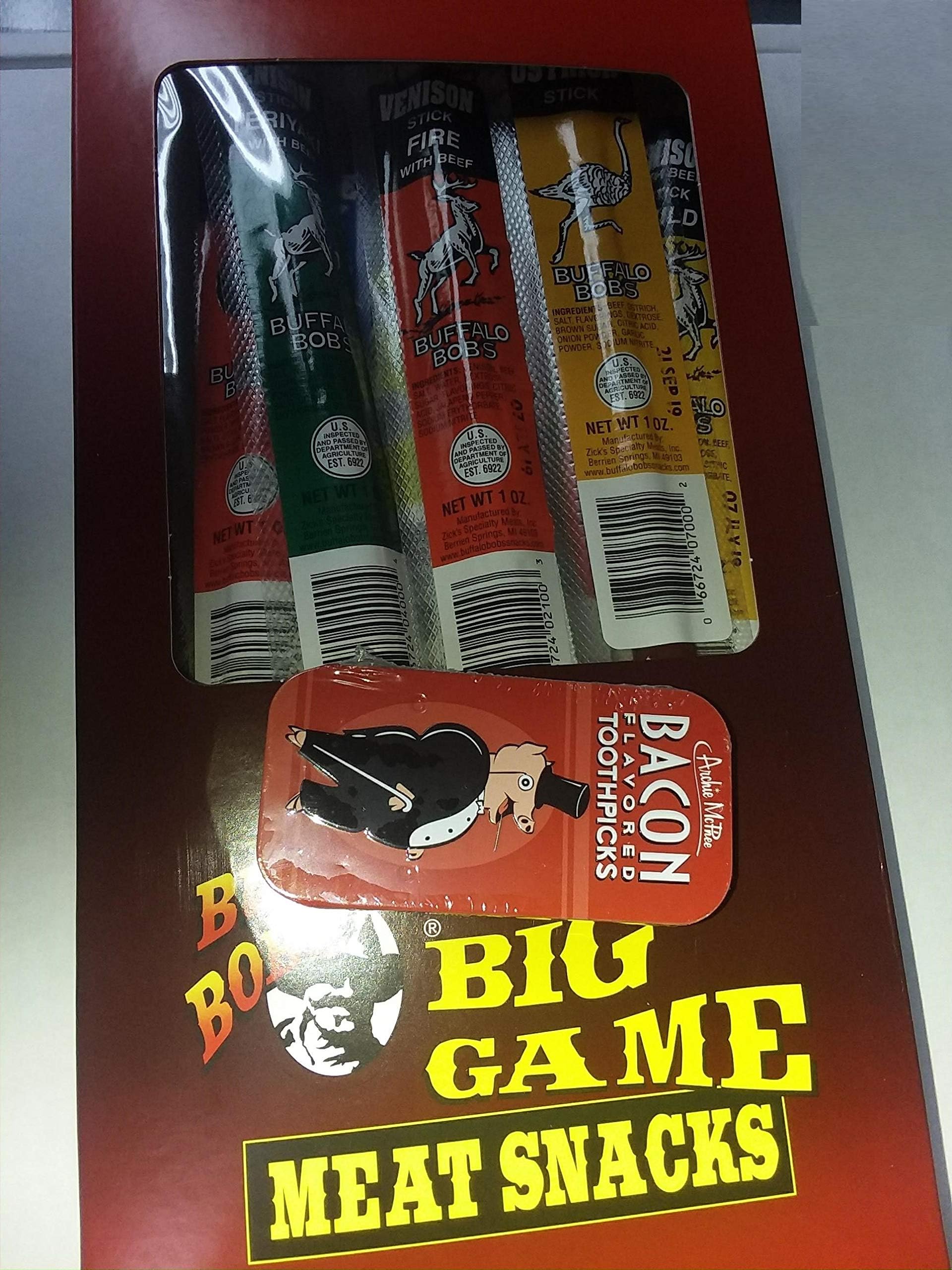 BUFFALO BOB'S EXOTIC WILD GAME JERKY STICK & MEAT SNACKS - Best 16 Piece Variety Gift Pack with Bacon Flavored Toothpicks Meat Snacks Pheasant Kangaroo Buffalo Wild Boar Beef Ostrich Smoked Elk Duck Venison Deer