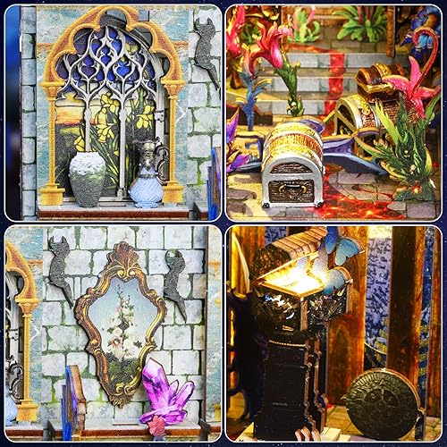 Miniatura 6 de TuKIIE Kit de bricolaje en miniatura para rincón de libros, estantería de casa de muñecas Booknook con sensor de luz y movimiento de música, soporte