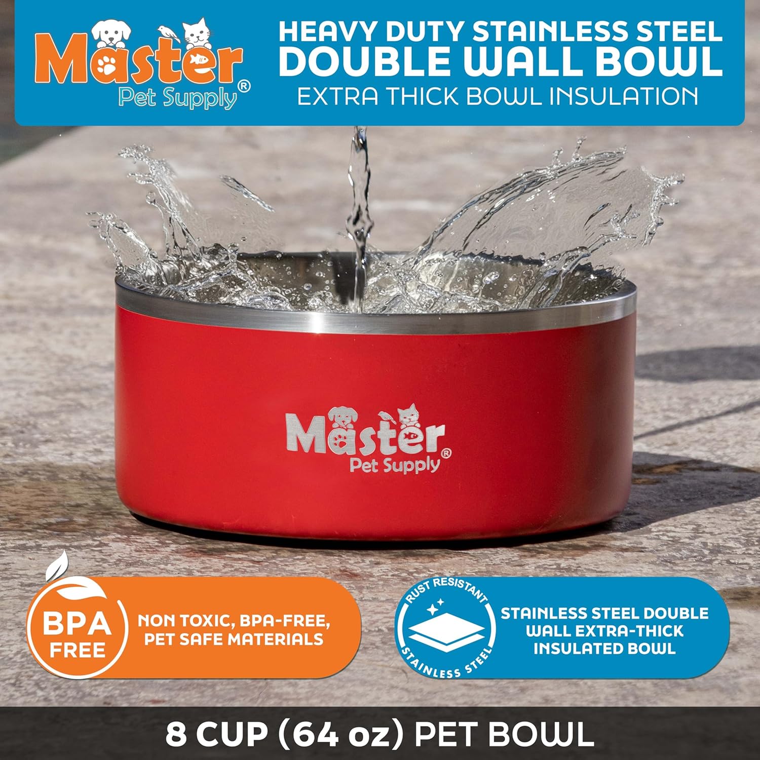 Master Pet Supply Stainless Steel Dog Bowls - 64 oz, Heavy Duty - Crimson Flame, Double Wall Extra-Thick Insulated, Non-Slip Pet Water Bowl for Dogs, Cats & Pets, Anti Rust Metal, Dish Washer Safe