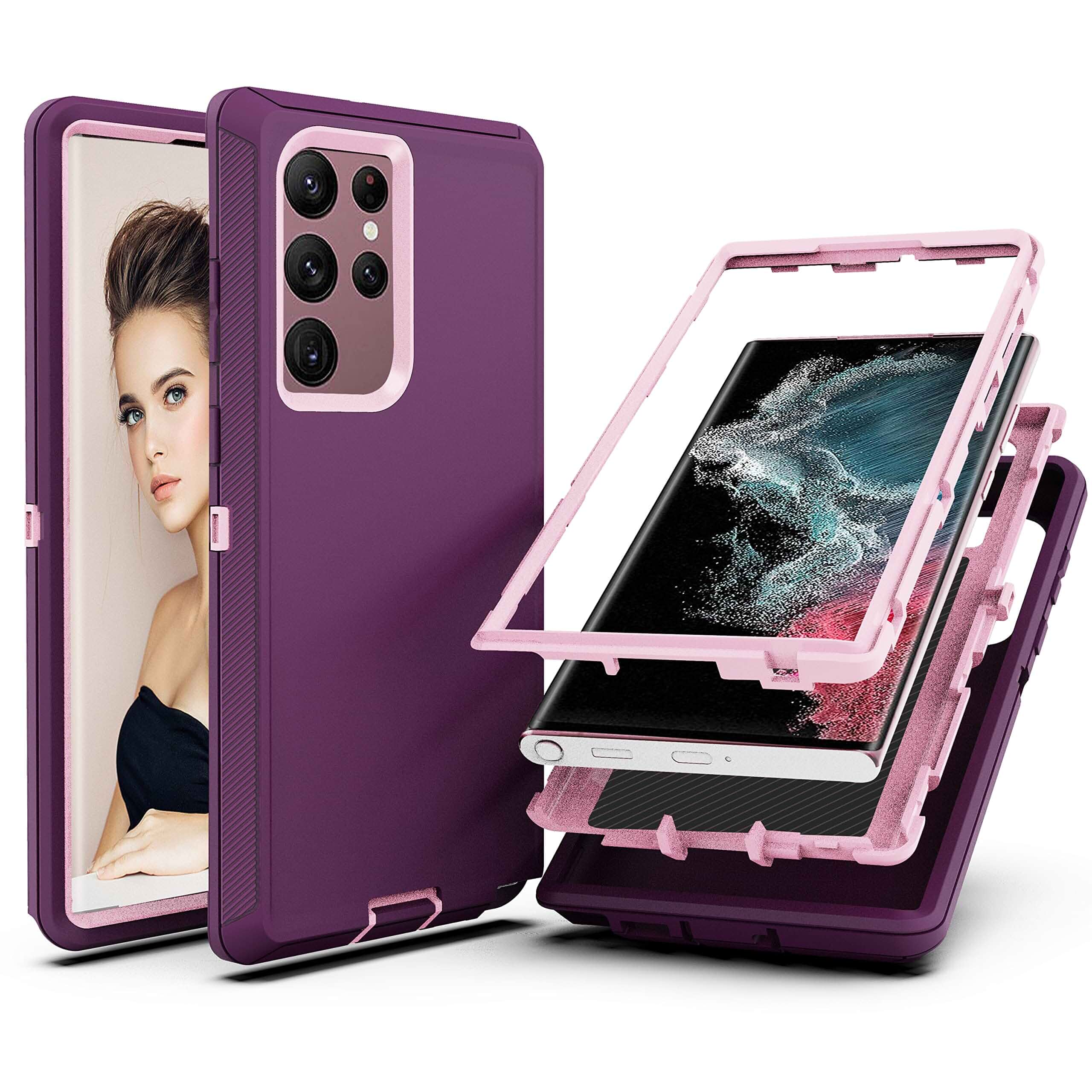 YmhxcY for S22 Ultra Case, Drop Proof 3-Layer Durable Cover/Shockproof Armor Drop Protection/Solid Rubber Protective Matte Cover for Galaxy S22 Ultra 6.8”-Fuchsia/Pink