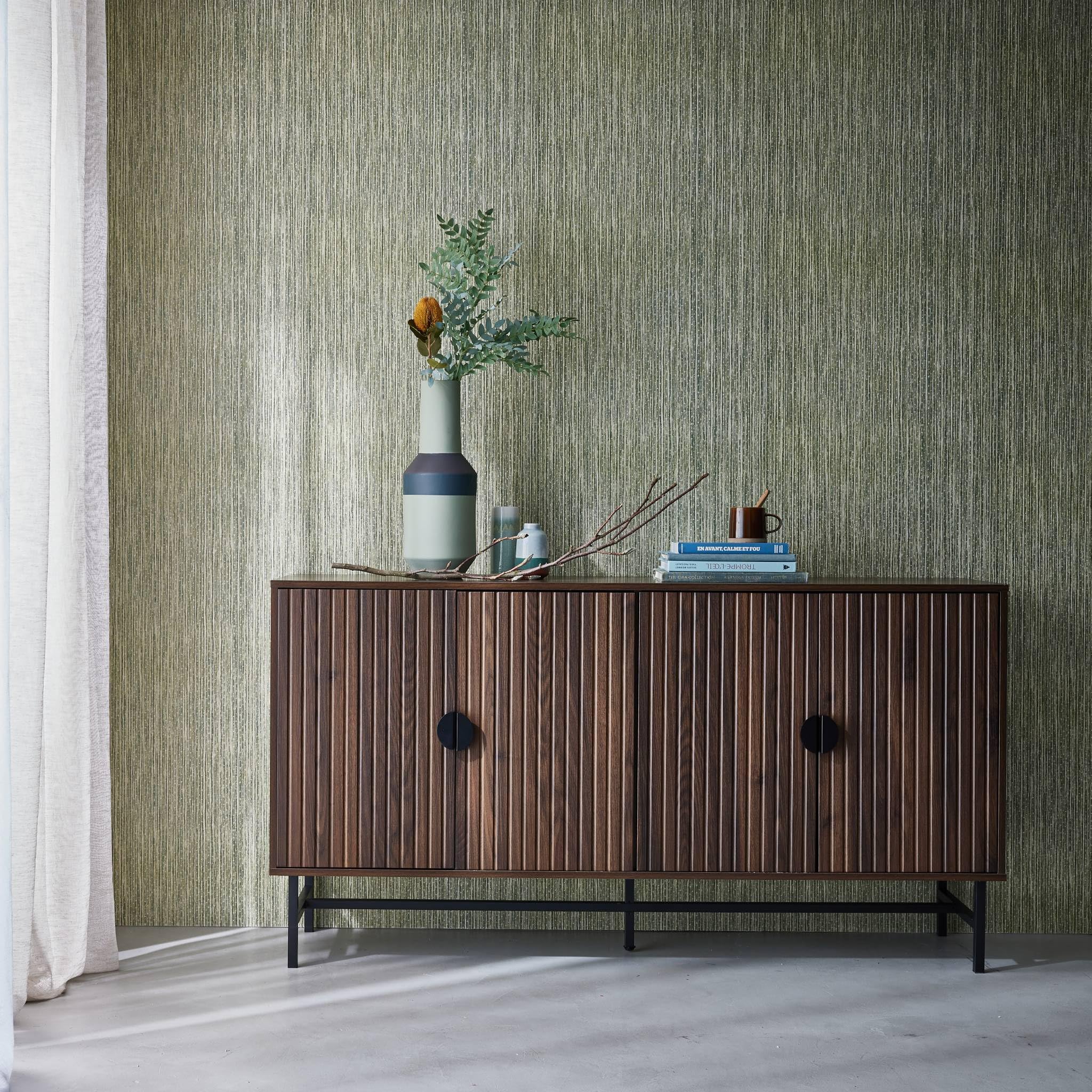 Alice's Garden sweeek - Buffet de Rangement Effet Bois foncé. Bazalt. Quatre Portes. Deux étagères. Buffet Haut. vaisselier. L 157.5 x l 39 x H 83cm