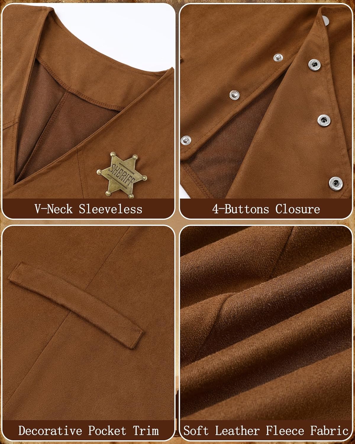 5 Pcs Western Outfits for Men Cowboy Suede Leather Vest Hat Necktie Buckle Belt Sheriff Badge for Halloween Costume