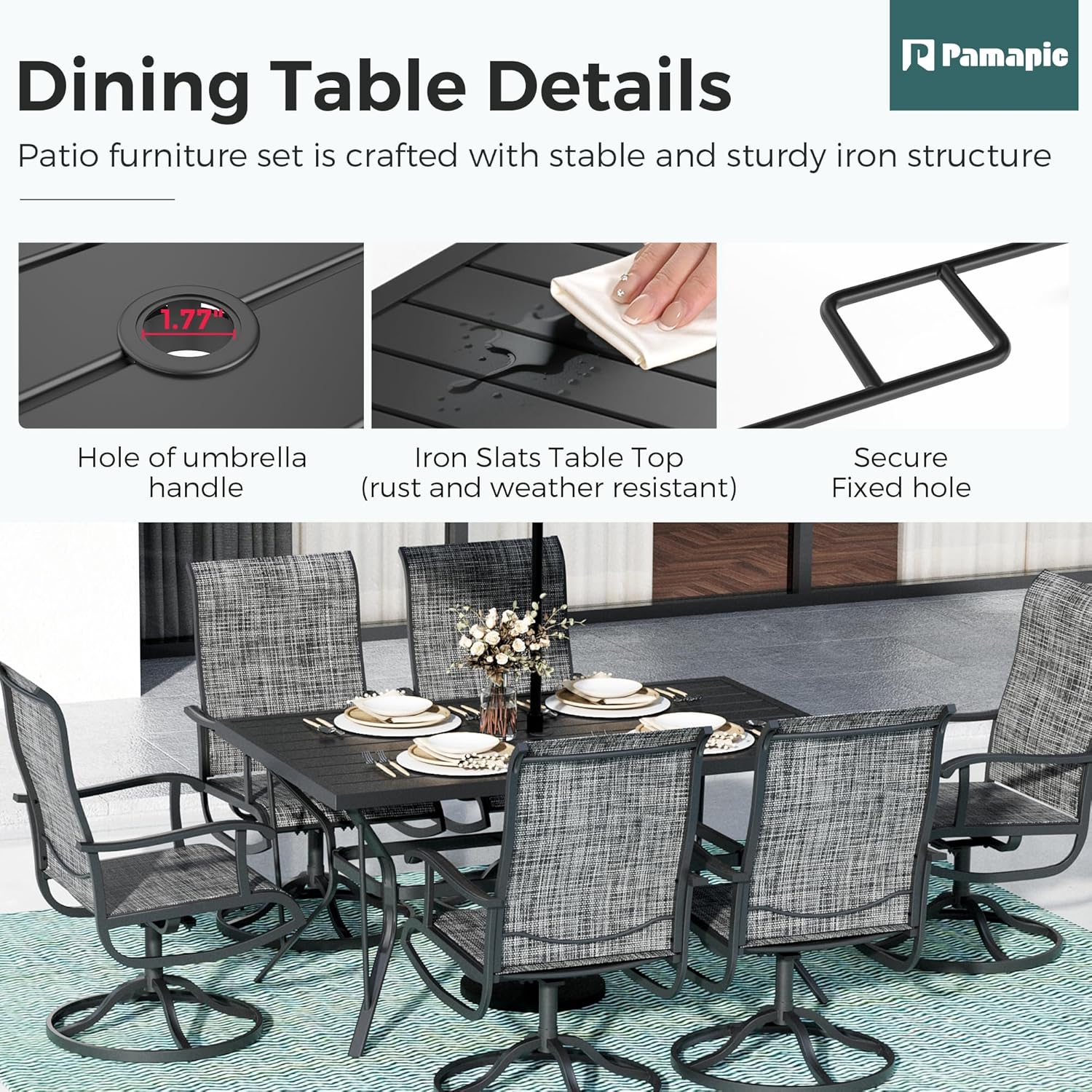 7-Piece Outdoor Dining Set, Patio Furniture Set with 2 Textilene Swivel Chairs & 4 Regular Chairs,Patio Dining Set with 1 Rectangular Table for Garden, Backyard, Poolside, Deck, Charcoal