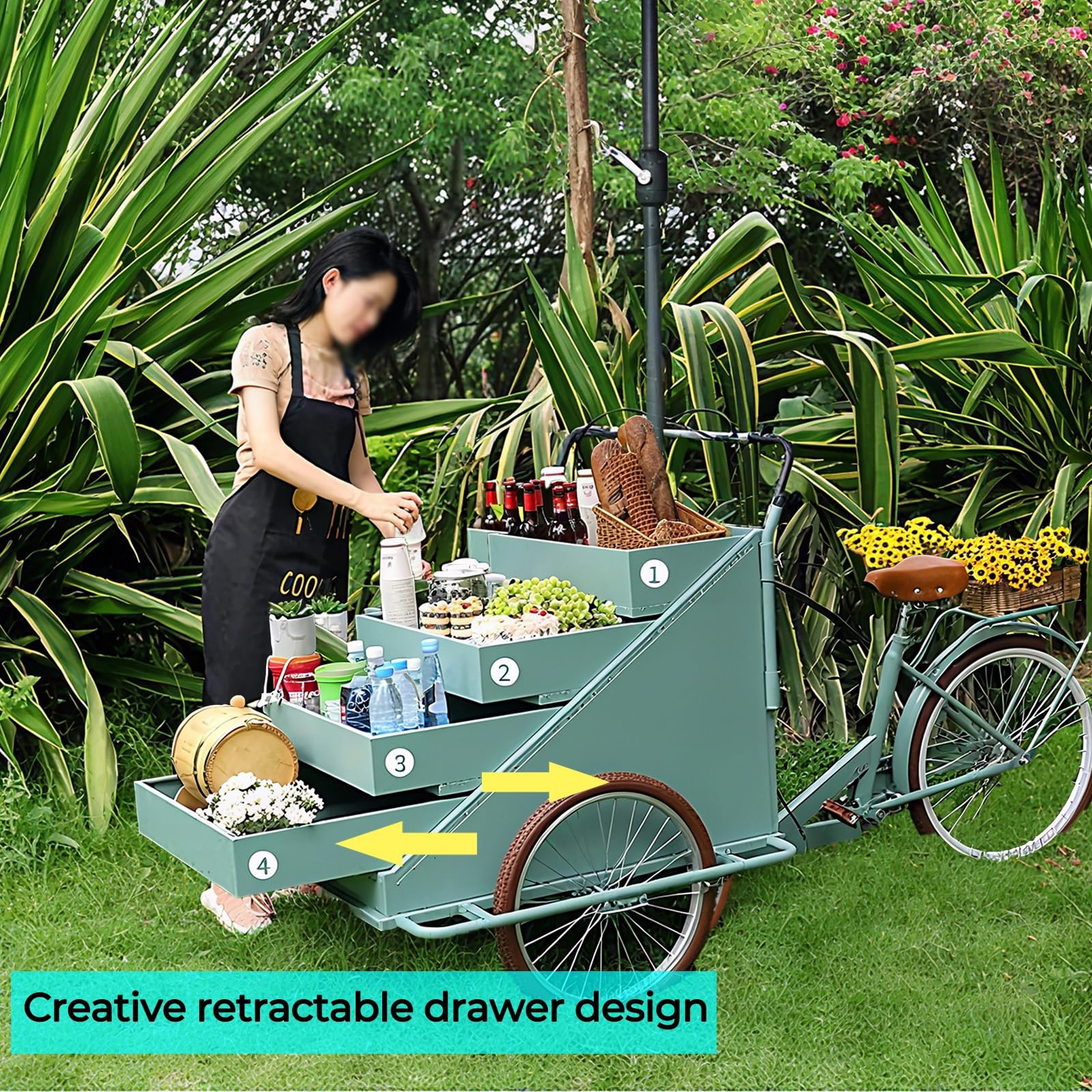 Camión de Comida móvil con Triciclo para Exteriores, Carrito de Venta de Comida al Aire Libre, Triciclo expendedor con cajones retráctiles y sombrillas, para Venta Ambulante y Camping.,C