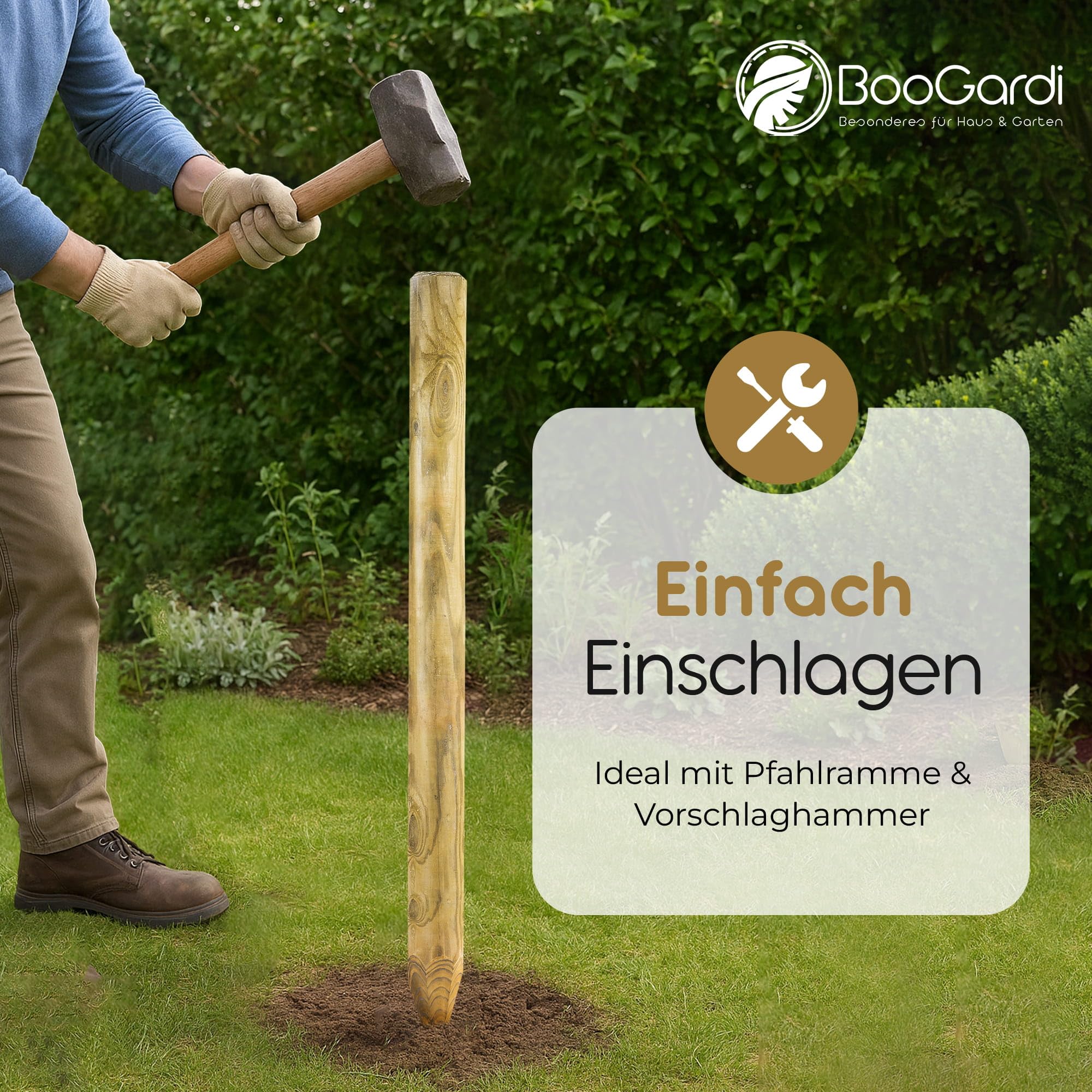 BooGardi Postes de madera · 39 tamaños · Ø 10 cm Longitud: 90 cm 5 unidades · Estaca de madera seca KDI IV · Postes de madera redonda · Estaca redonda para valla de madera, valla de jardín y bancal
