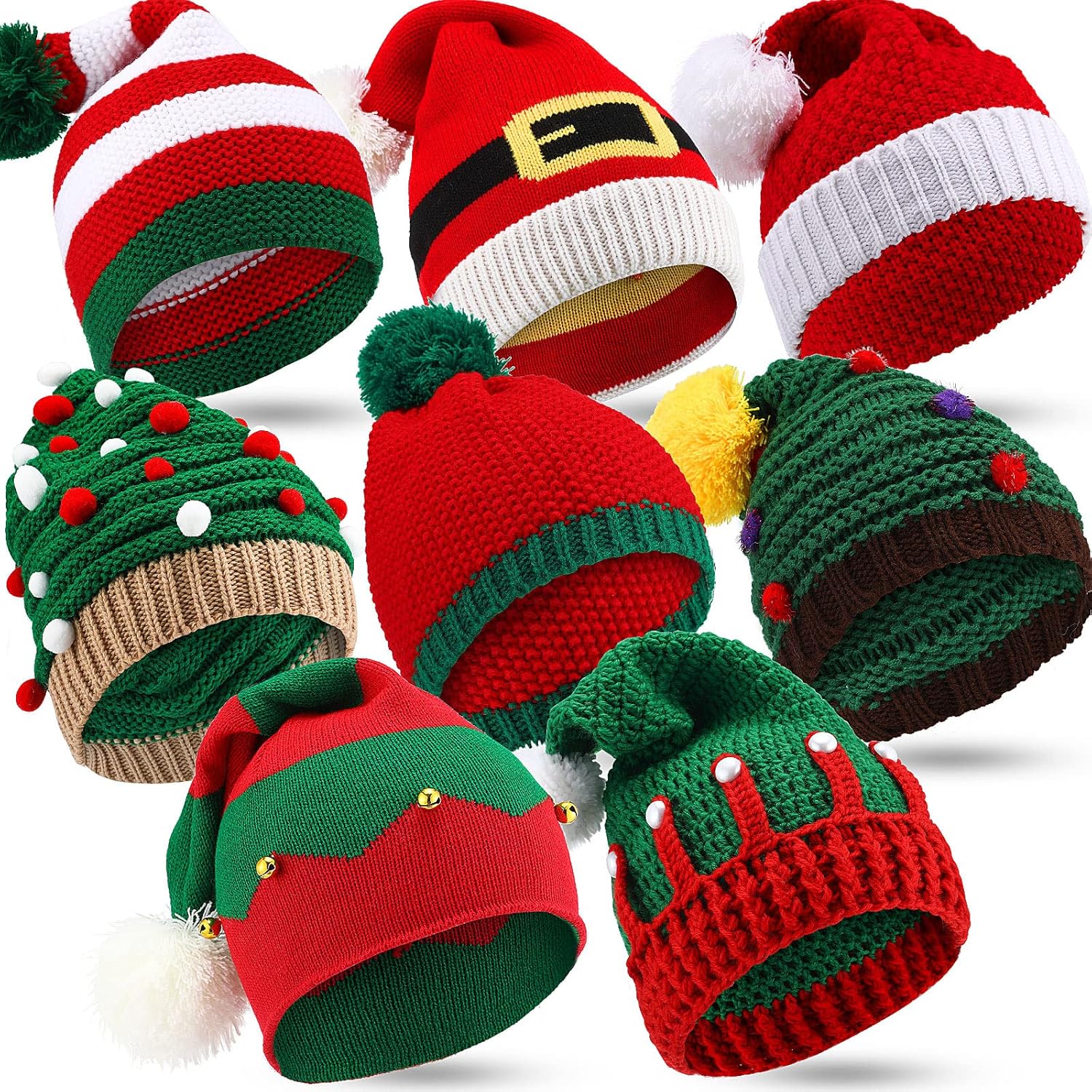 Kigeli 8 Pcs Santa Hats Adult Christmas Winter Knitted Beanie Hats with Pom Pom for Xmas Holiday